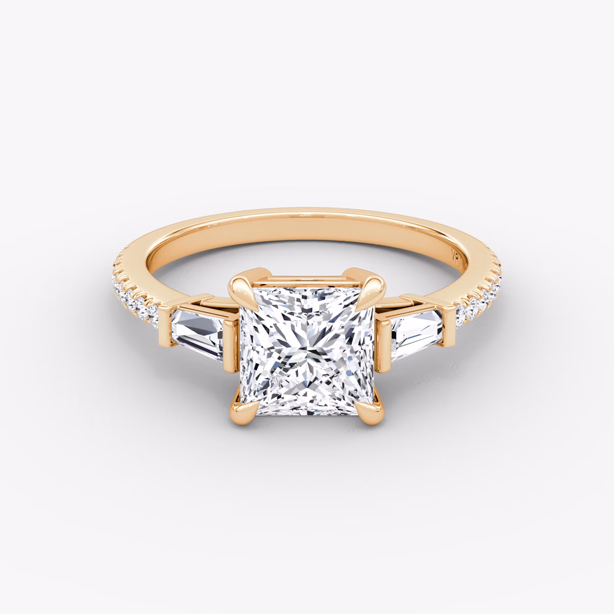 The Tapered Baguette Three Stone | Princess | 14k | Rose Gold | bandAccent: Pavé | caratWeight: 1.0ct | excludeFromFeed: null | diamondOrientation: vertical