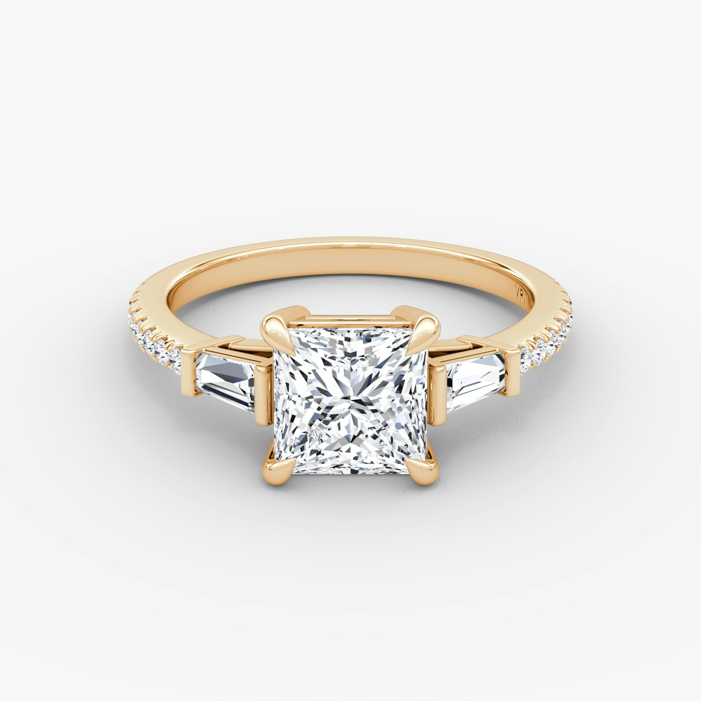 The Tapered Baguette Three Stone | Princess | 14k | Rose Gold | bandAccent: Pavé | excludeFromFeed: null | diamondOrientation: vertical | caratWeight: other