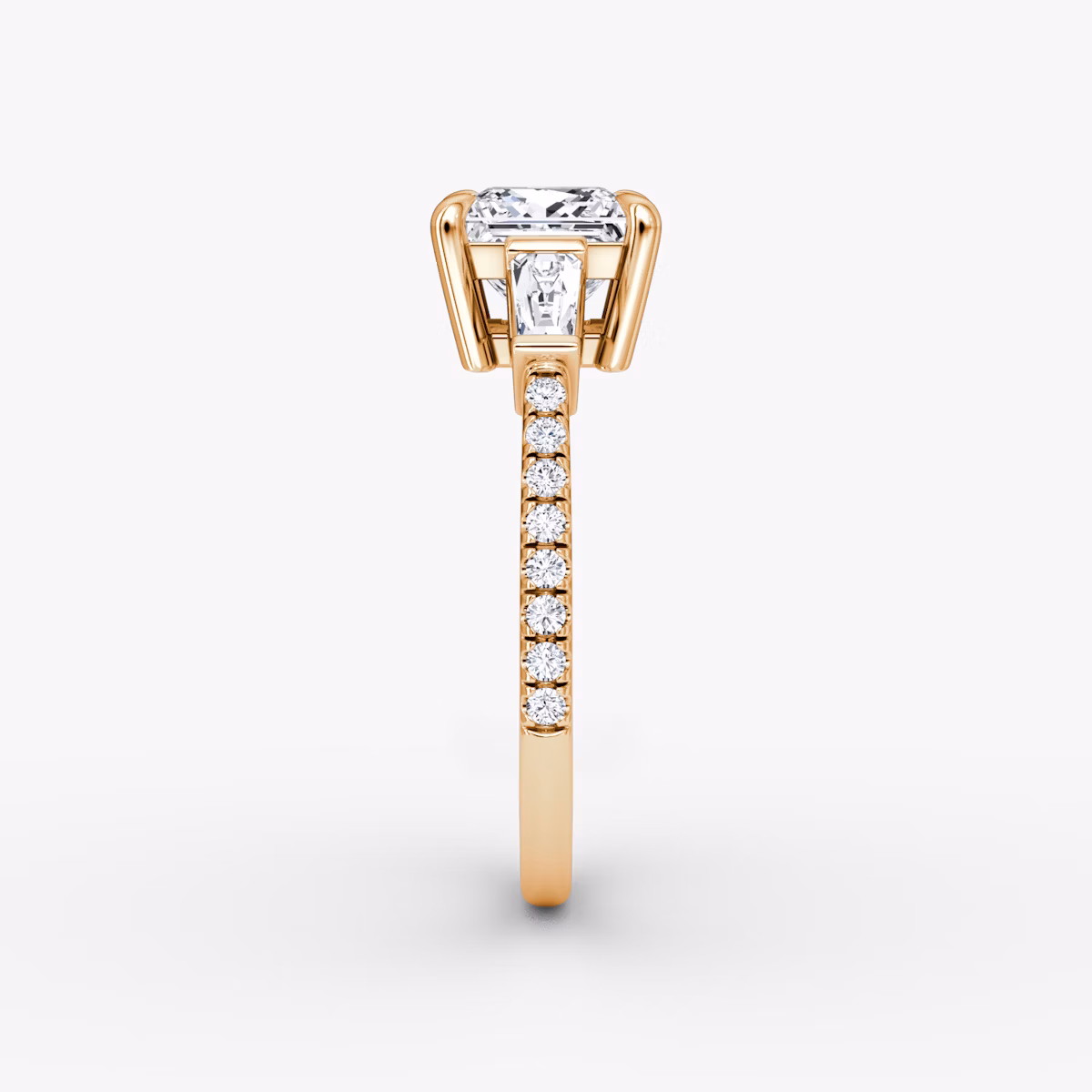The Tapered Baguette Three Stone | Princess | 14k | Rose Gold | bandAccent: Pavé | caratWeight: 1.0ct | excludeFromFeed: null | diamondOrientation: vertical