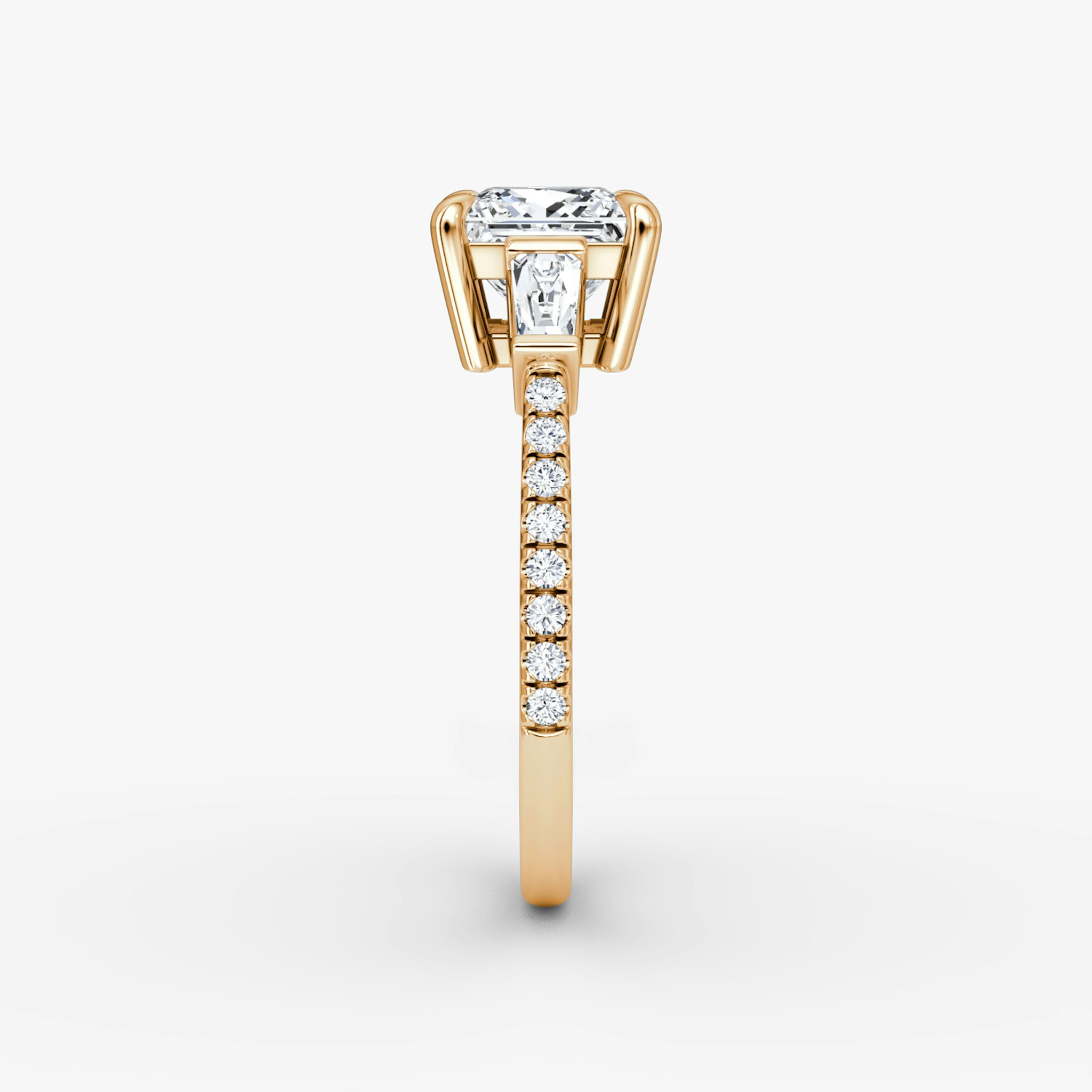 The Tapered Baguette Three Stone | Princess | 14k | Rose Gold | bandAccent: Pavé | excludeFromFeed: null | diamondOrientation: vertical | caratWeight: other