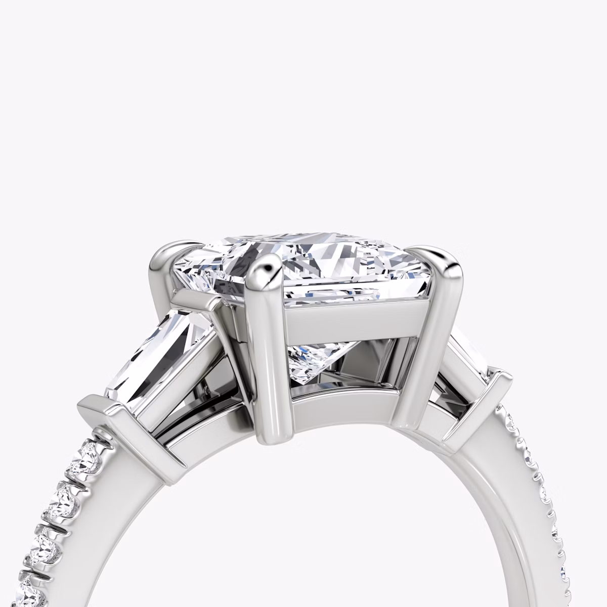 The Tapered Baguette Three Stone | Princess | 18k | White Gold | bandAccent: Pavé | caratWeight: 1.0ct | excludeFromFeed: null | diamondOrientation: vertical