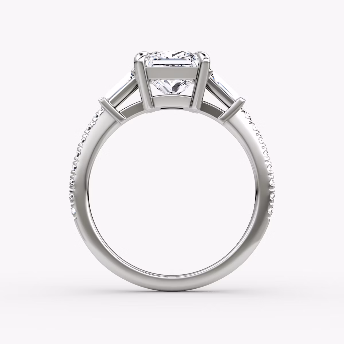 The Tapered Baguette Three Stone | Princess | 18k | White Gold | bandAccent: Pavé | caratWeight: 1.0ct | excludeFromFeed: null | diamondOrientation: vertical