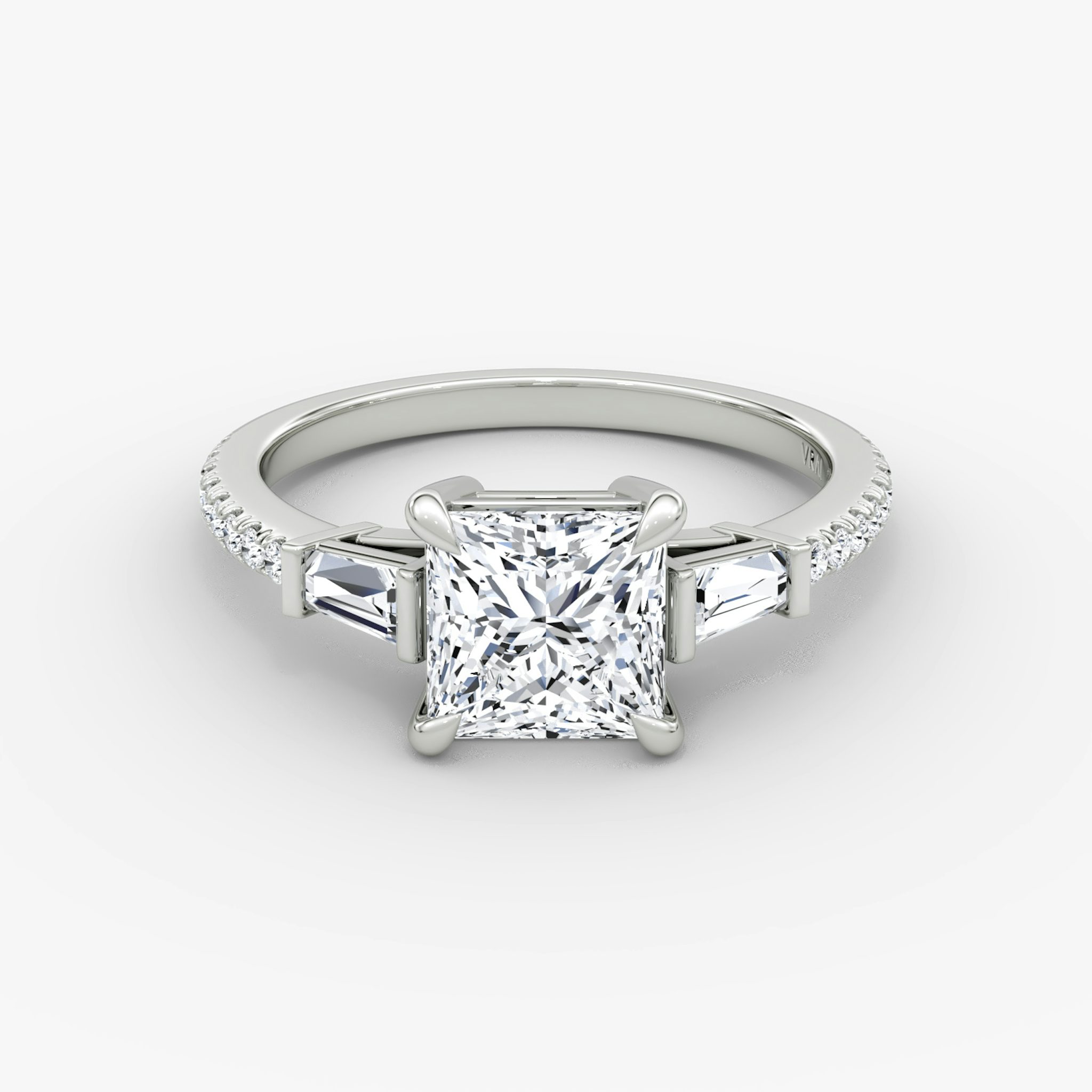 The Tapered Baguette Three Stone | Princess | 18k | White Gold | bandAccent: Pavé | excludeFromFeed: null | diamondOrientation: vertical | caratWeight: other
