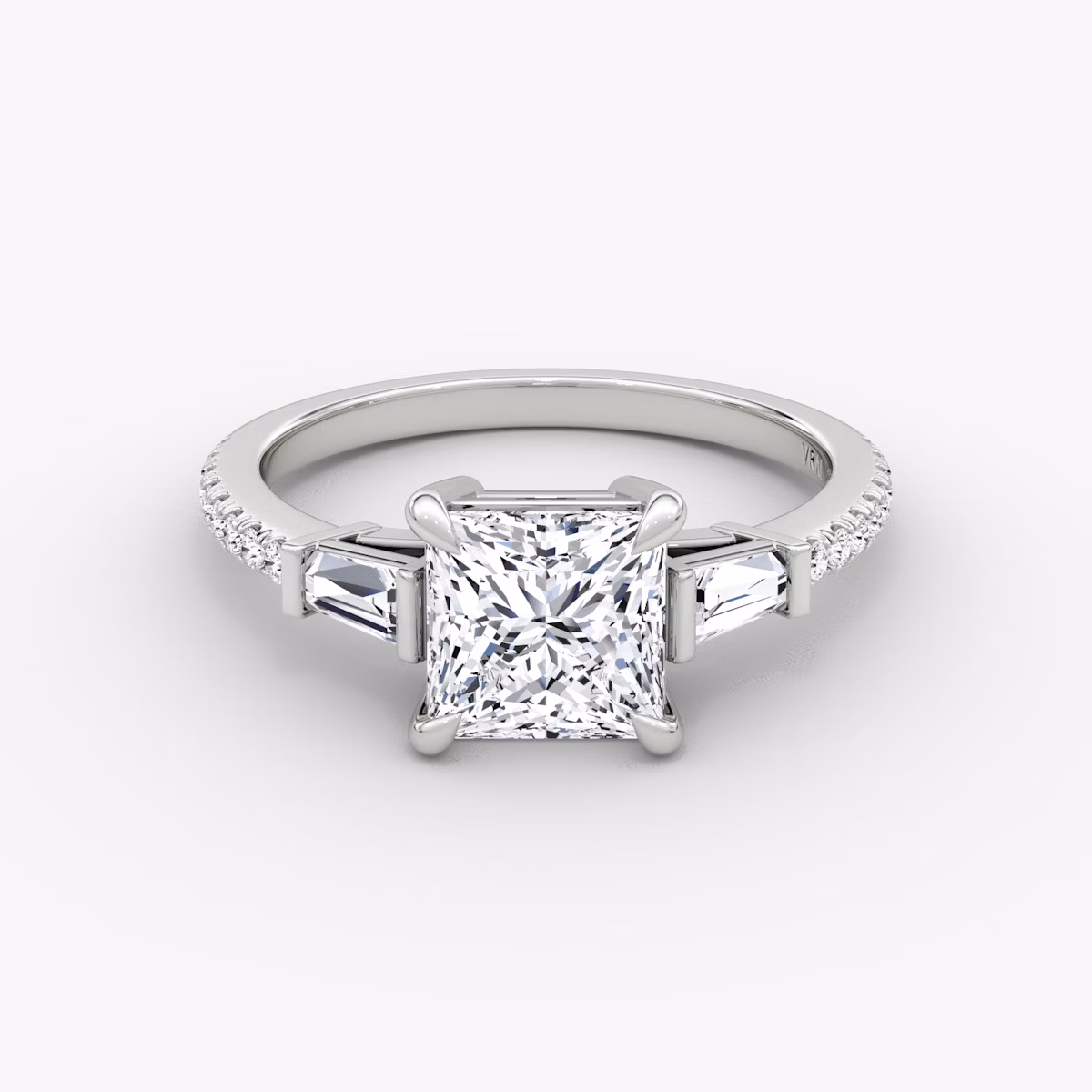 The Tapered Baguette Three Stone | Princess | Platinum | bandAccent: Pavé | caratWeight: 1.0ct | excludeFromFeed: null | diamondOrientation: vertical