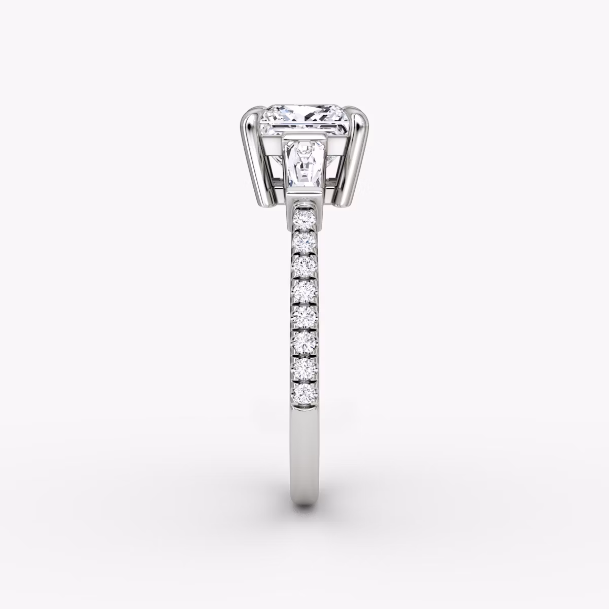 The Tapered Baguette Three Stone | Princess | Platinum | bandAccent: Pavé | caratWeight: 1.0ct | excludeFromFeed: null | diamondOrientation: vertical