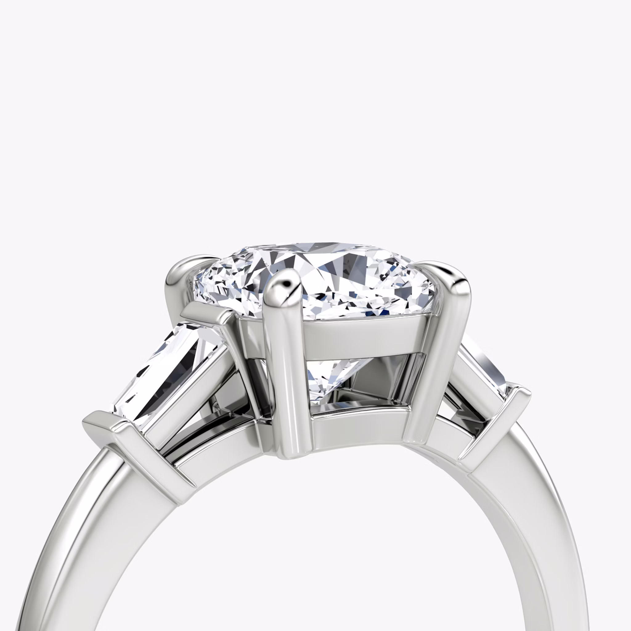 The Tapered Baguette Three Stone | Cushion | Platinum | bandAccent: Plain | excludeFromFeed: null | diamondOrientation: vertical | caratWeight: other