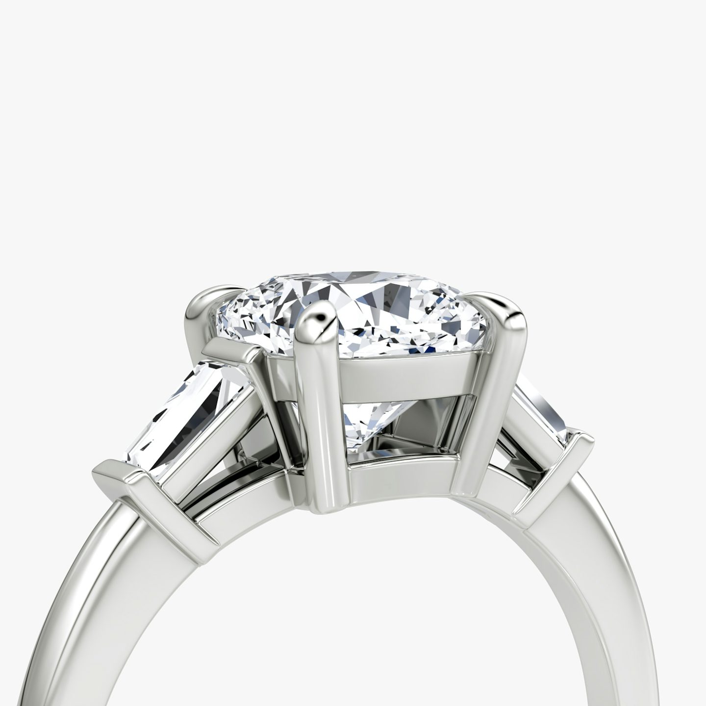 The Tapered Baguette Three Stone | Cushion | Platinum | bandAccent: Plain | excludeFromFeed: null | diamondOrientation: vertical | caratWeight: other