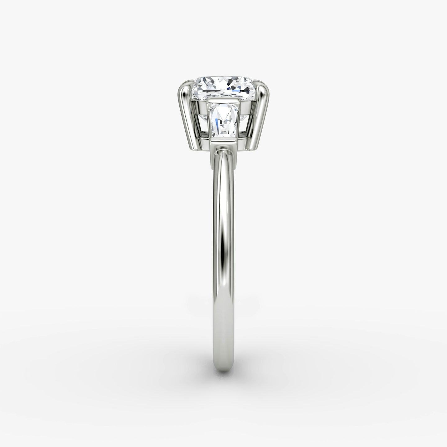 The Tapered Baguette Three Stone | Cushion | Platinum | bandAccent: Plain | excludeFromFeed: null | diamondOrientation: vertical | caratWeight: other