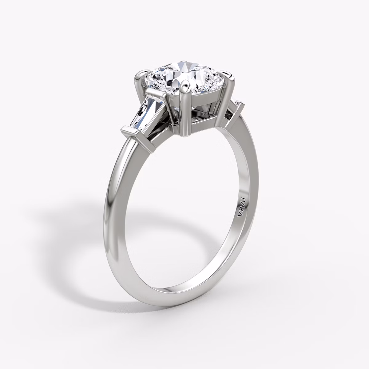 The Tapered Baguette Three Stone | Cushion | 18k | White Gold | bandAccent: Plain | caratWeight: 1.0ct | excludeFromFeed: null | diamondOrientation: vertical