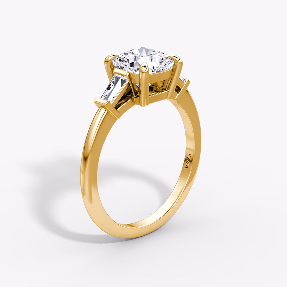 The Tapered Baguette Three Stone | Cushion | 18k | Yellow Gold | bandAccent: Plain | caratWeight: 1.0ct | excludeFromFeed: null | diamondOrientation: vertical