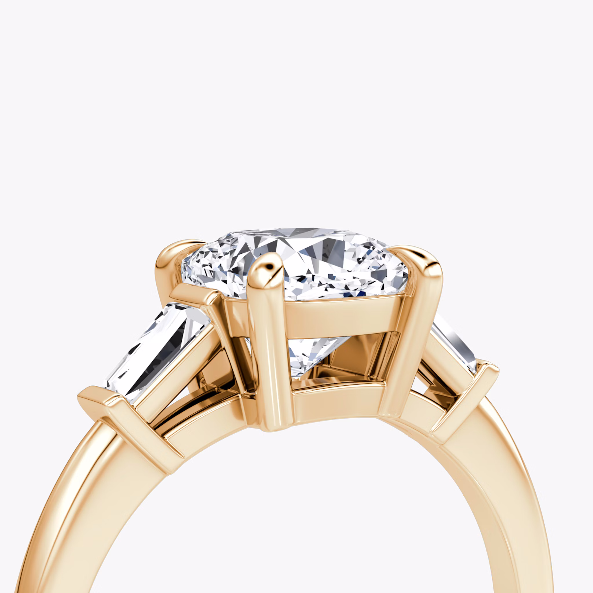 The Tapered Baguette Three Stone | Cushion | 14k | Rose Gold | bandAccent: Plain | excludeFromFeed: null | diamondOrientation: vertical | caratWeight: other