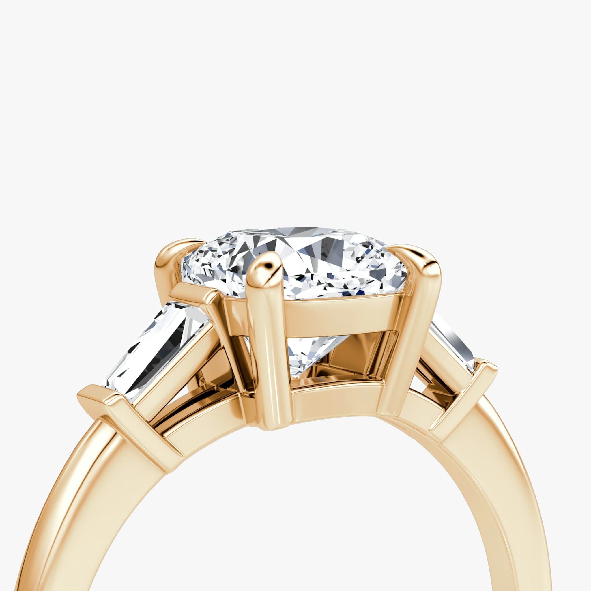 The Tapered Baguette Three Stone | Cushion | 14k | Rose Gold | bandAccent: Plain | excludeFromFeed: null | diamondOrientation: vertical | caratWeight: other