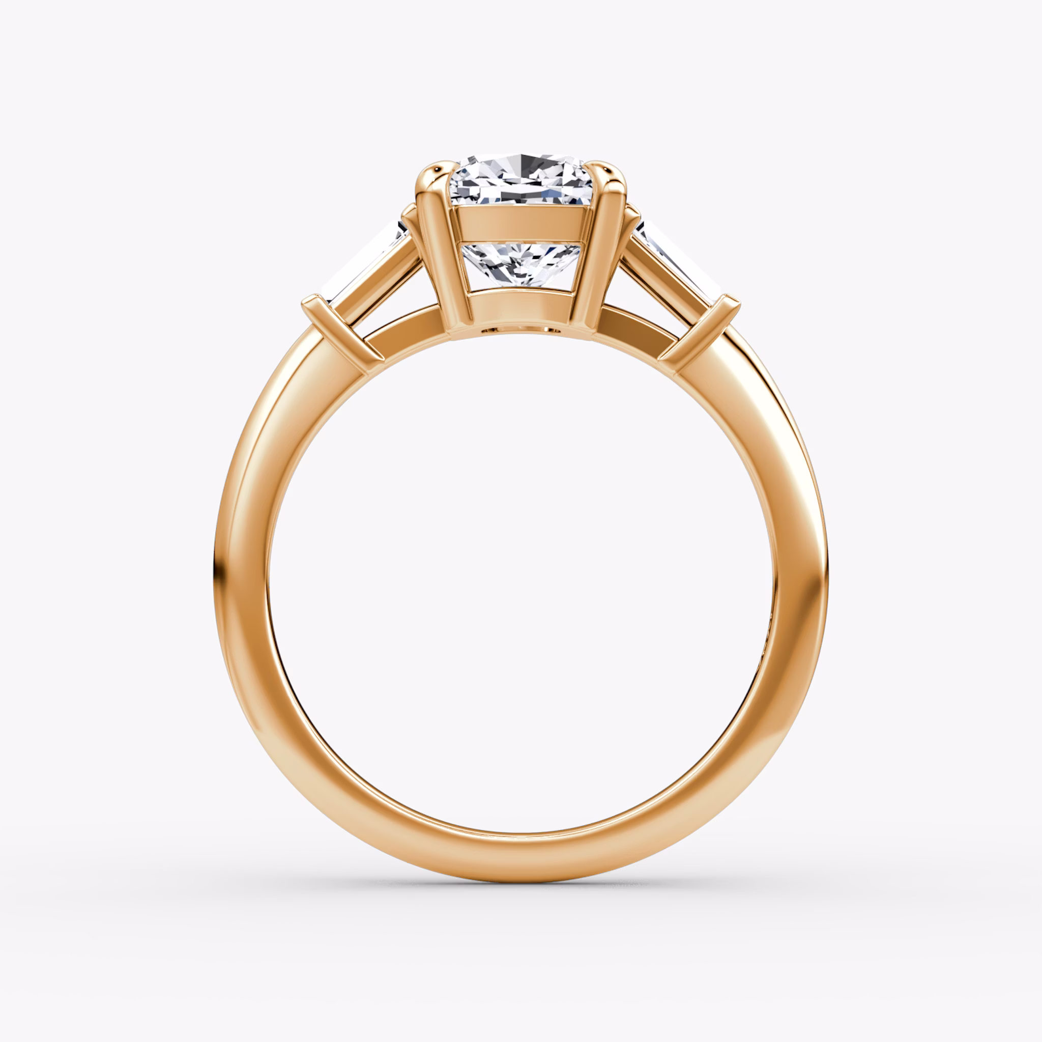 The Tapered Baguette Three Stone | Cushion | 14k | Rose Gold | bandAccent: Plain | excludeFromFeed: null | diamondOrientation: vertical | caratWeight: other