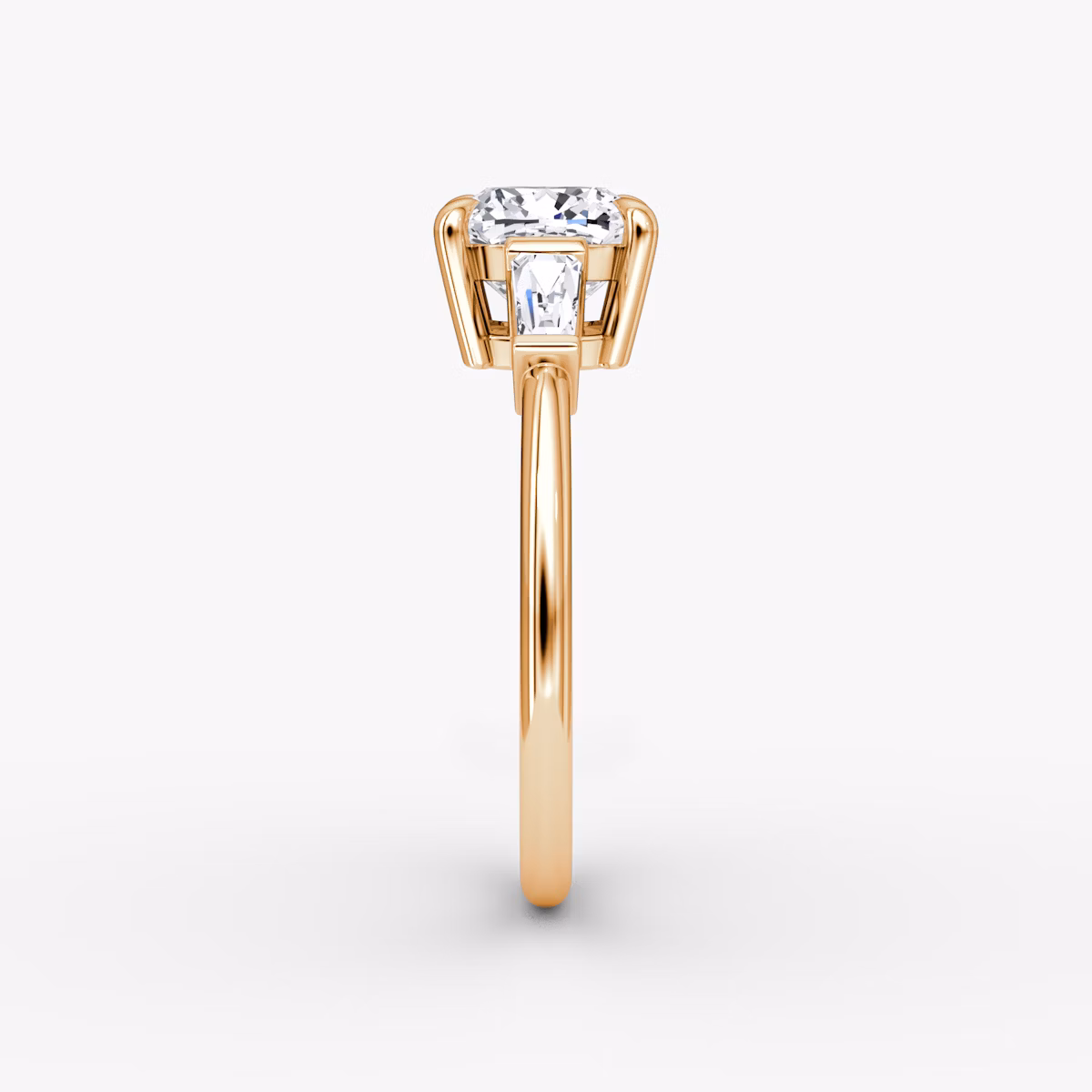 The Tapered Baguette Three Stone | Cushion | 14k | Rose Gold | bandAccent: Plain | caratWeight: 1.0ct | excludeFromFeed: null | diamondOrientation: vertical