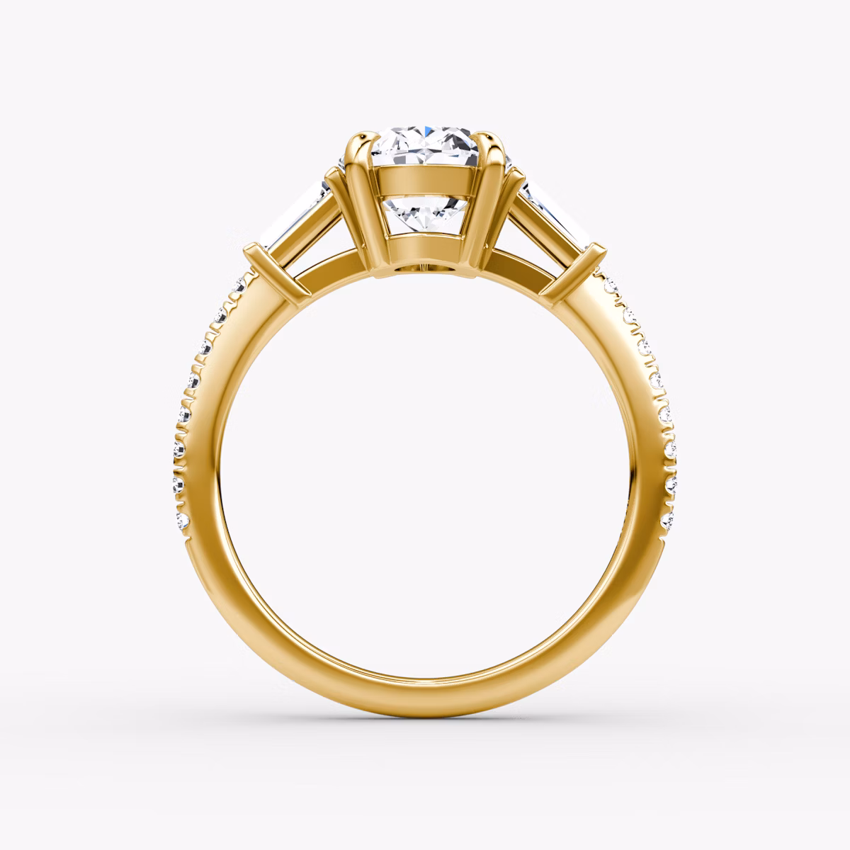 The Tapered Baguette Three Stone | Oval | 18k | Yellow Gold | bandAccent: Pavé | caratWeight: 1.0ct | excludeFromFeed: null | diamondOrientation: vertical