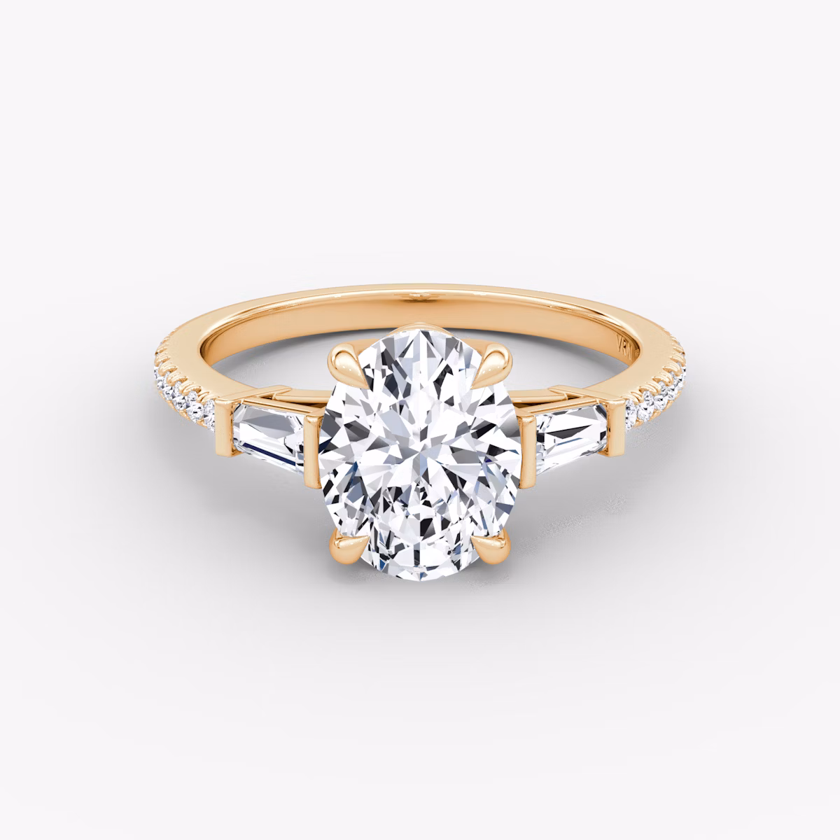 The Tapered Baguette Three Stone | Oval | 14k | Rose Gold | bandAccent: Pavé | caratWeight: 1.0ct | excludeFromFeed: null | diamondOrientation: vertical
