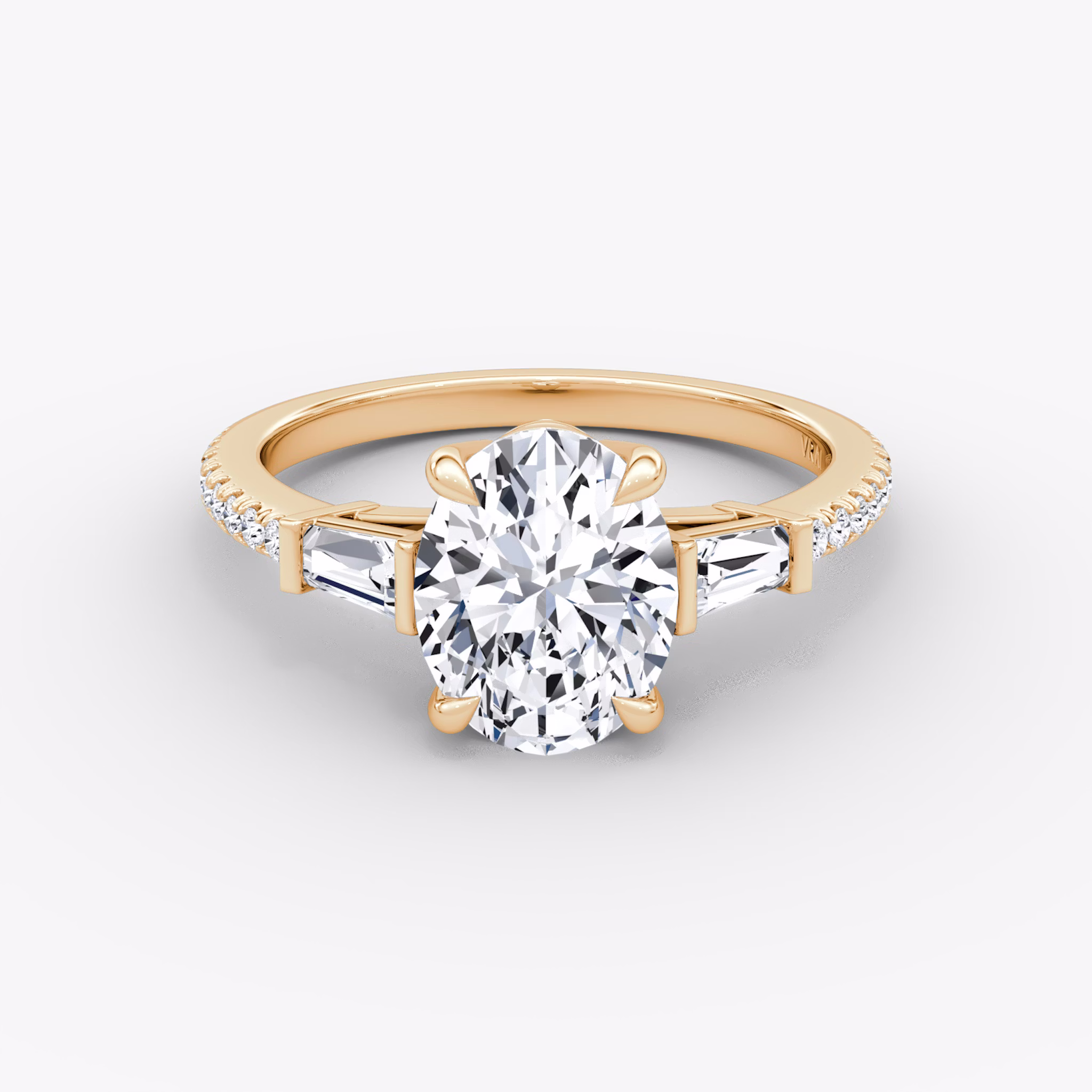 The Tapered Baguette Three Stone | Oval | 14k | Rose Gold | bandAccent: Pavé | excludeFromFeed: null | diamondOrientation: vertical | caratWeight: other