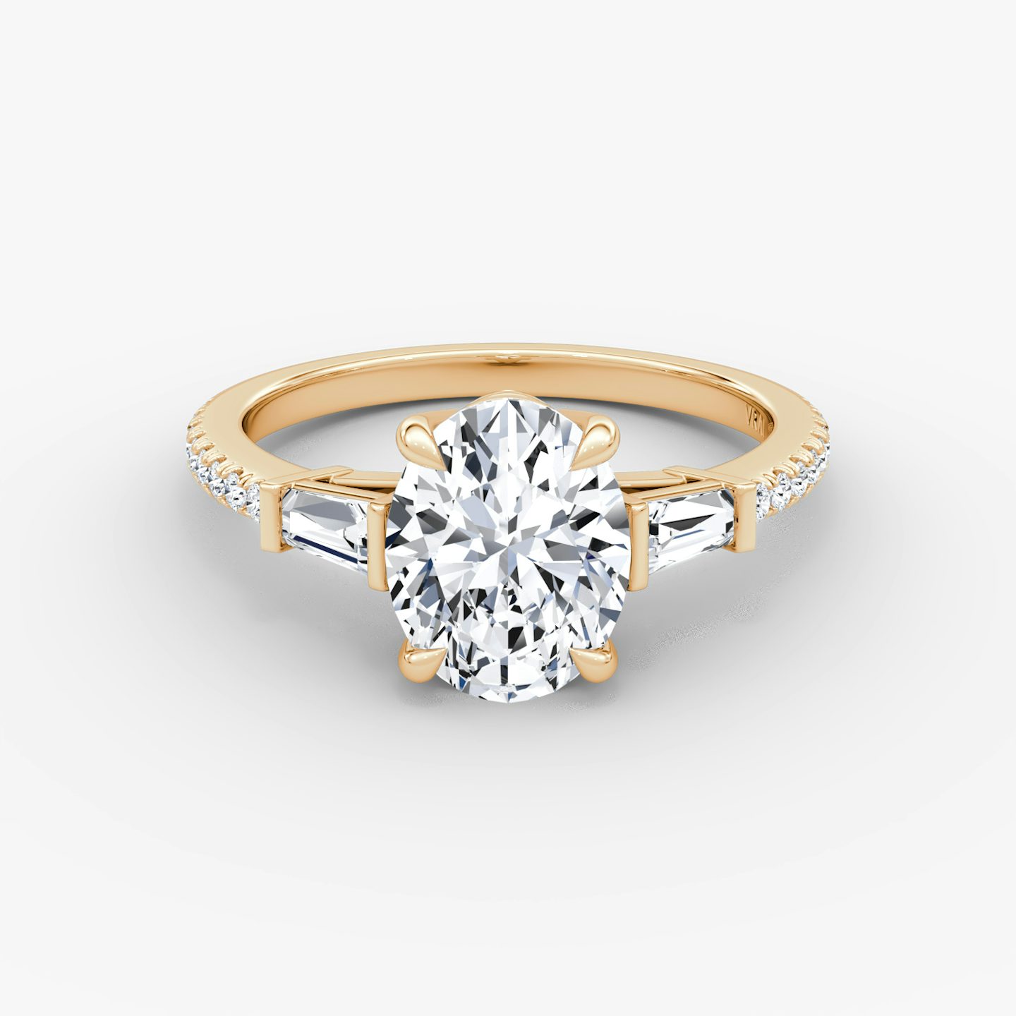 The Tapered Baguette Three Stone | Oval | 14k | Rose Gold | bandAccent: Pavé | excludeFromFeed: null | diamondOrientation: vertical | caratWeight: other