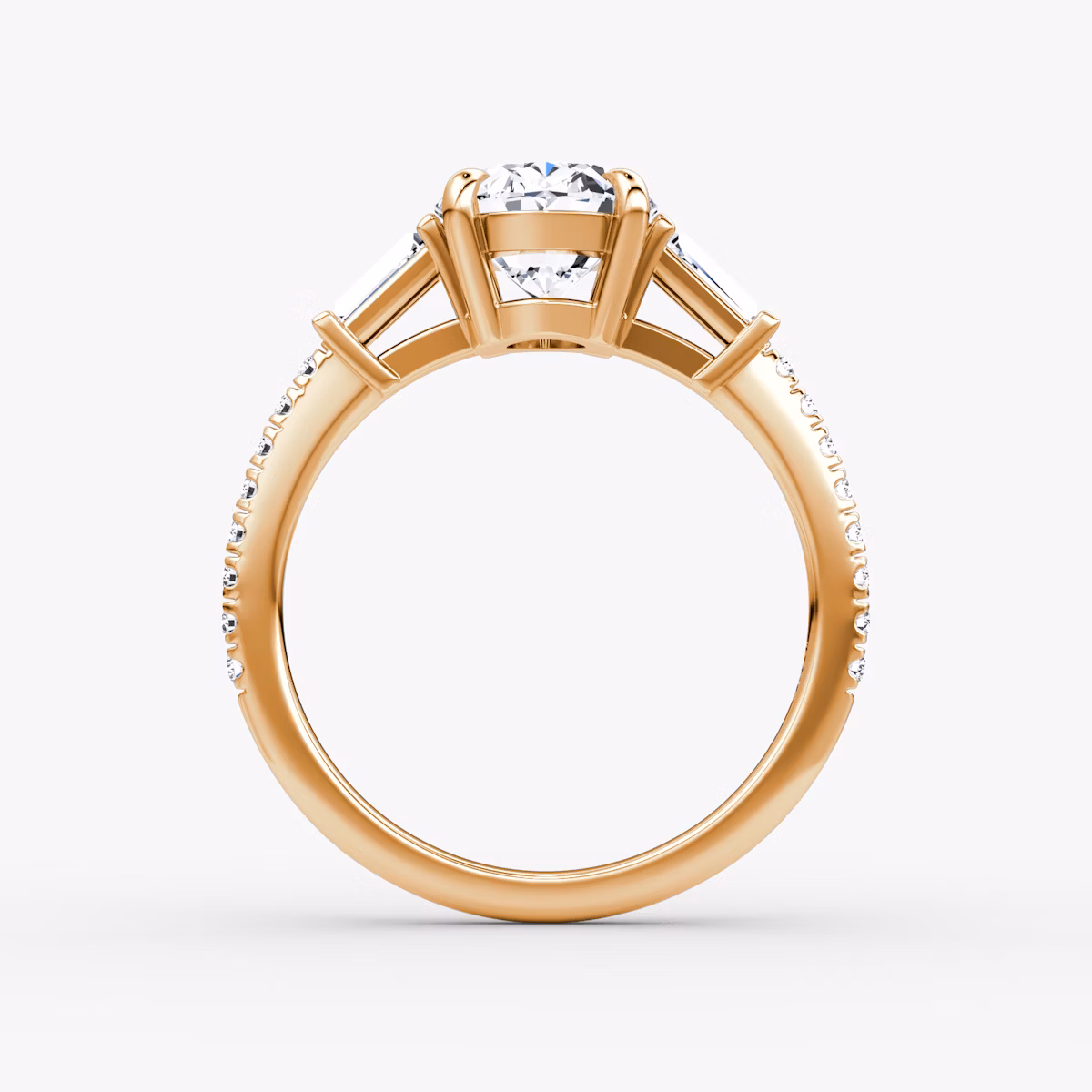 The Tapered Baguette Three Stone | Oval | 14k | Rose Gold | bandAccent: Pavé | caratWeight: 1.0ct | excludeFromFeed: null | diamondOrientation: vertical