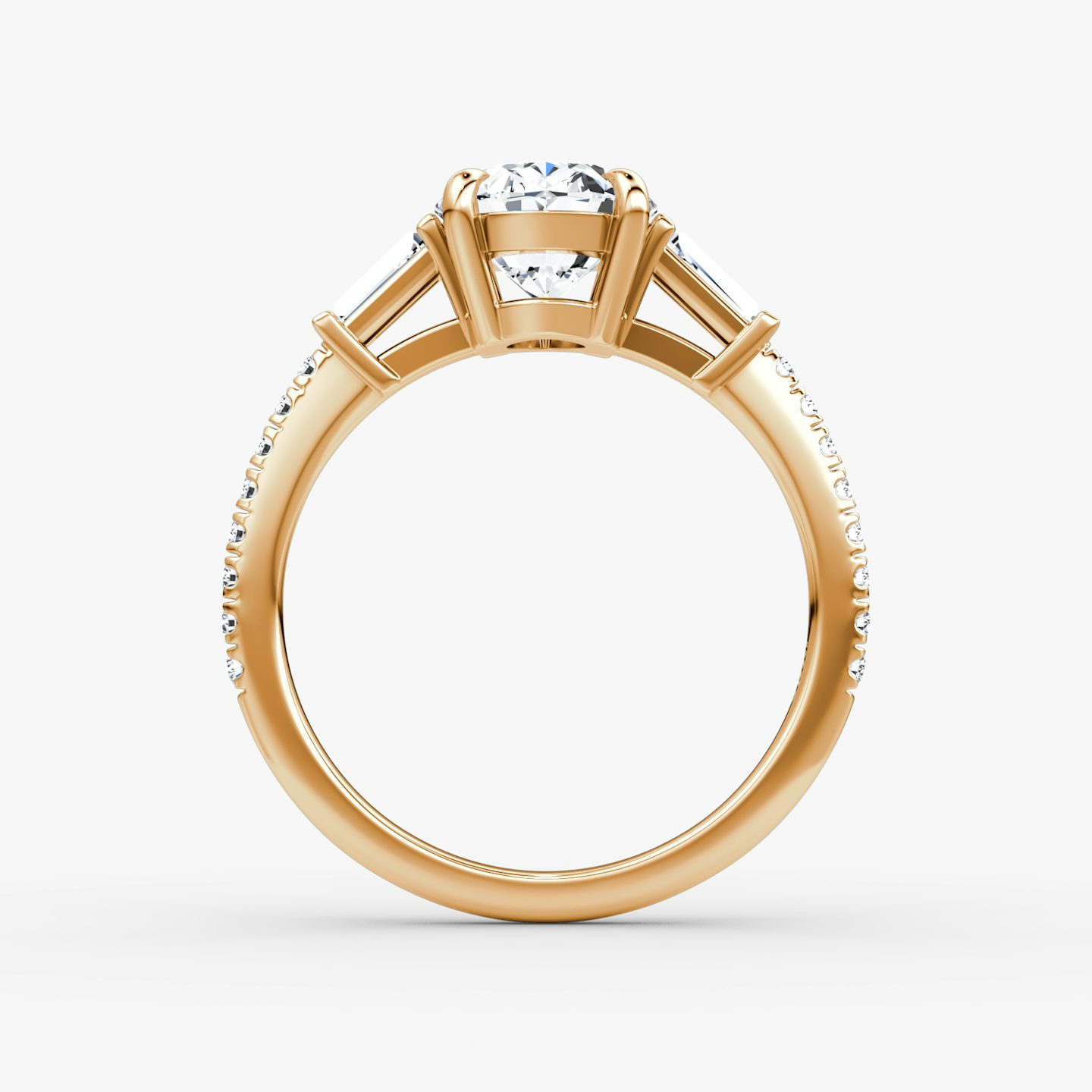 The Tapered Baguette Three Stone | Oval | 14k | Rose Gold | bandAccent: Pavé | excludeFromFeed: null | diamondOrientation: vertical | caratWeight: other