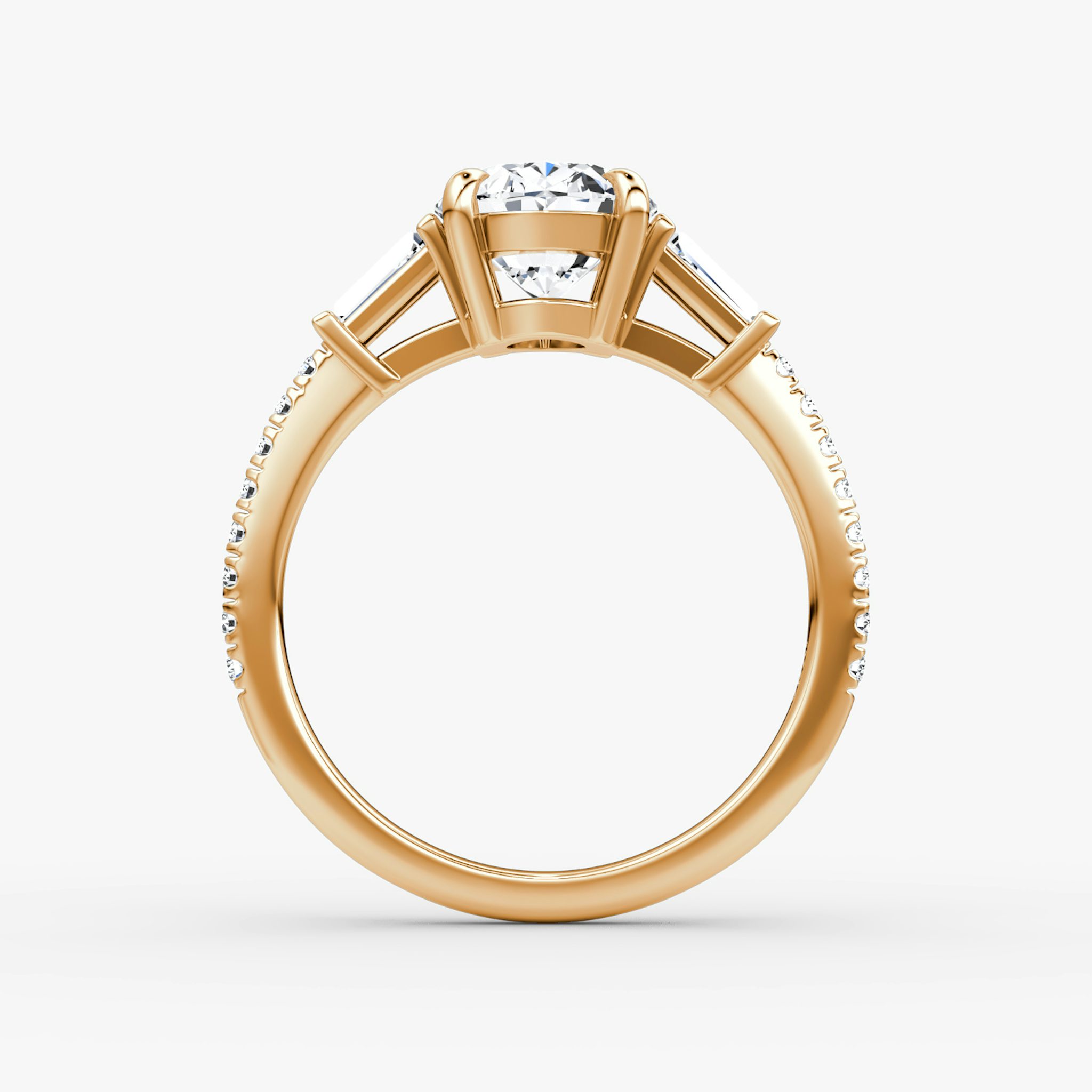 The Tapered Baguette Three Stone | Oval | 14k | Rose Gold | bandAccent: Pavé | excludeFromFeed: null | diamondOrientation: vertical | caratWeight: other