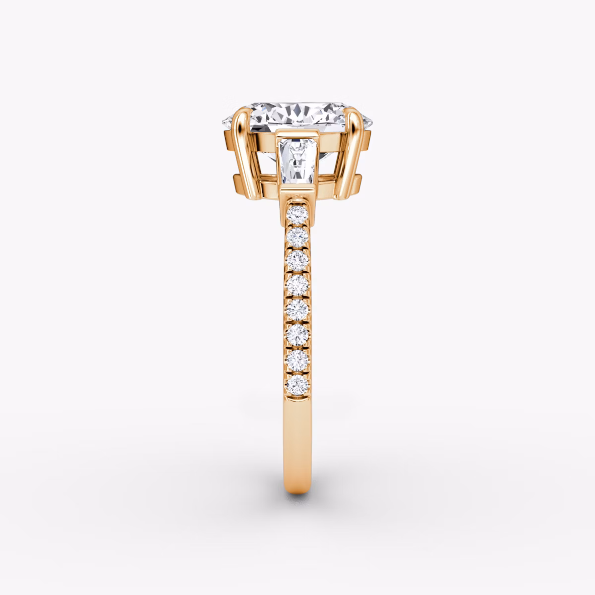 The Tapered Baguette Three Stone | Oval | 14k | Rose Gold | bandAccent: Pavé | caratWeight: 1.0ct | excludeFromFeed: null | diamondOrientation: vertical