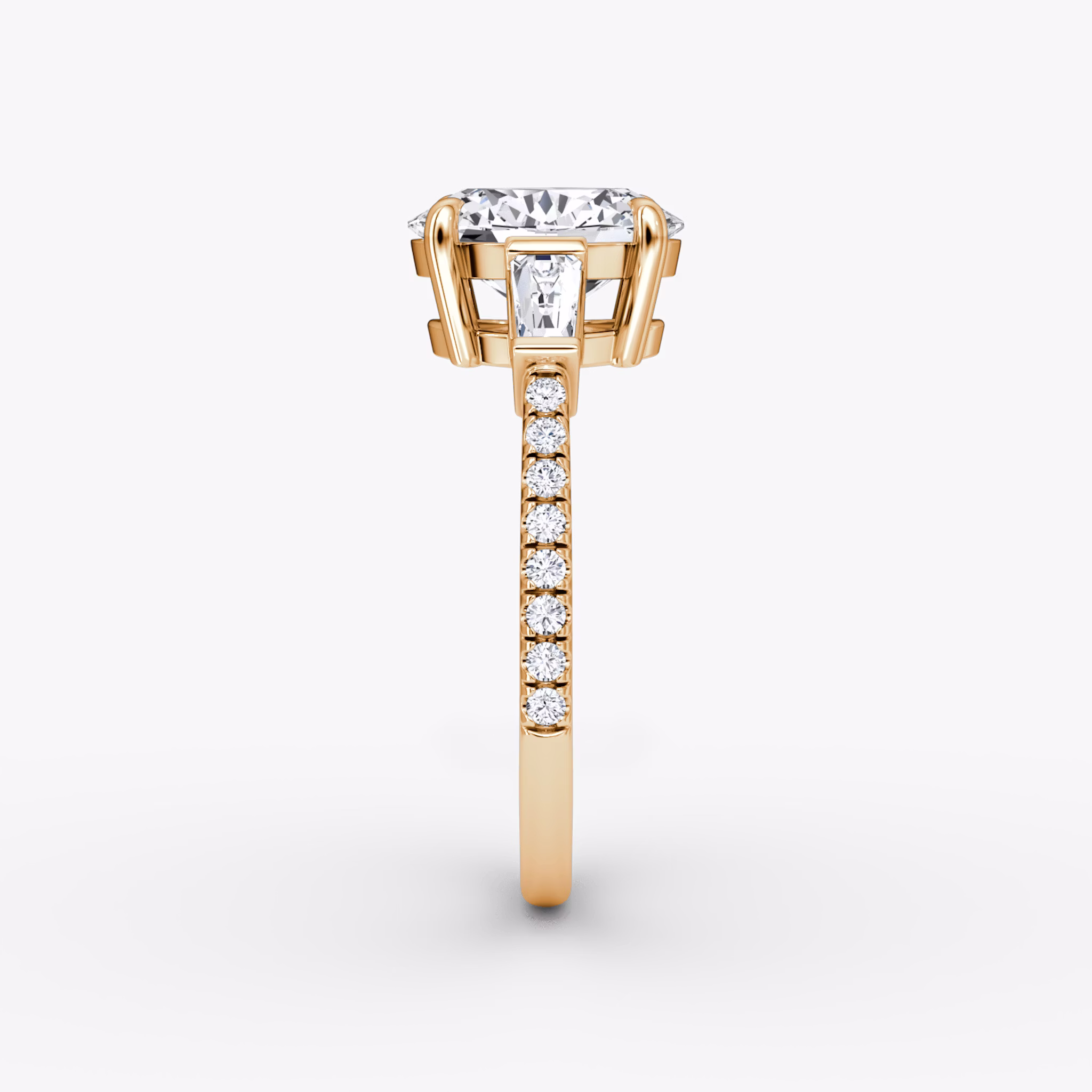 The Tapered Baguette Three Stone | Oval | 14k | Rose Gold | bandAccent: Pavé | excludeFromFeed: null | diamondOrientation: vertical | caratWeight: other