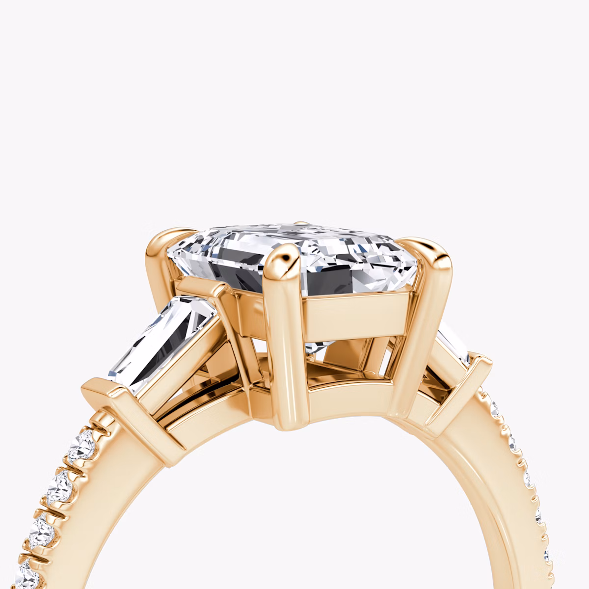 The Tapered Baguette Three Stone | Emerald | 14k | Rose Gold | bandAccent: Pavé | caratWeight: 1.0ct | excludeFromFeed: null | diamondOrientation: vertical