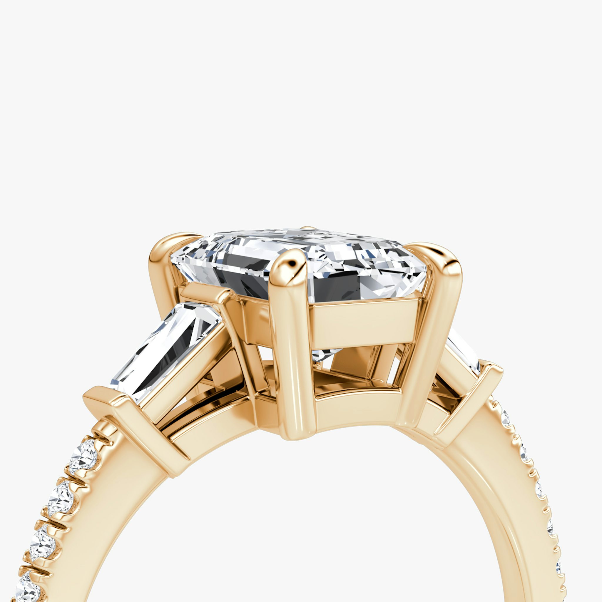 The Tapered Baguette Three Stone | Emerald | 14k | Rose Gold | bandAccent: Pavé | excludeFromFeed: null | diamondOrientation: vertical | caratWeight: other