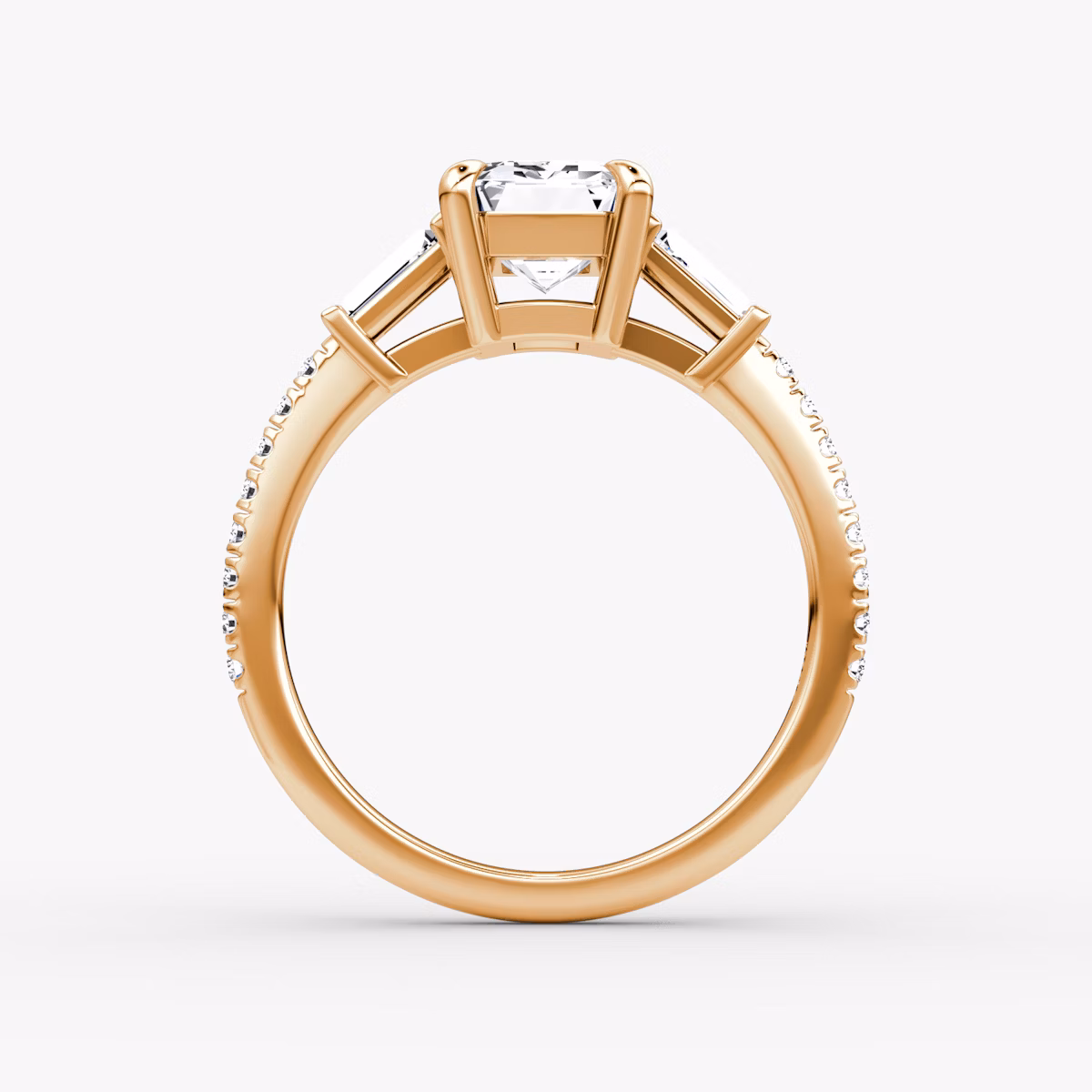 The Tapered Baguette Three Stone | Emerald | 14k | Rose Gold | bandAccent: Pavé | caratWeight: 1.0ct | excludeFromFeed: null | diamondOrientation: vertical