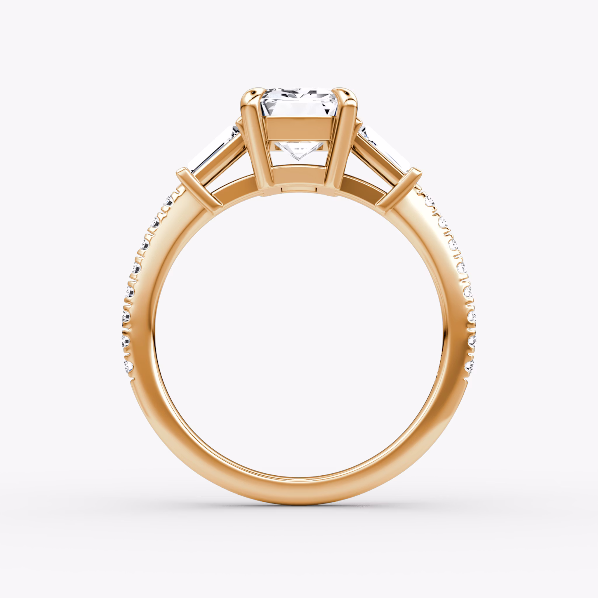 The Tapered Baguette Three Stone | Emerald | 14k | Rose Gold | bandAccent: Pavé | excludeFromFeed: null | diamondOrientation: vertical | caratWeight: other