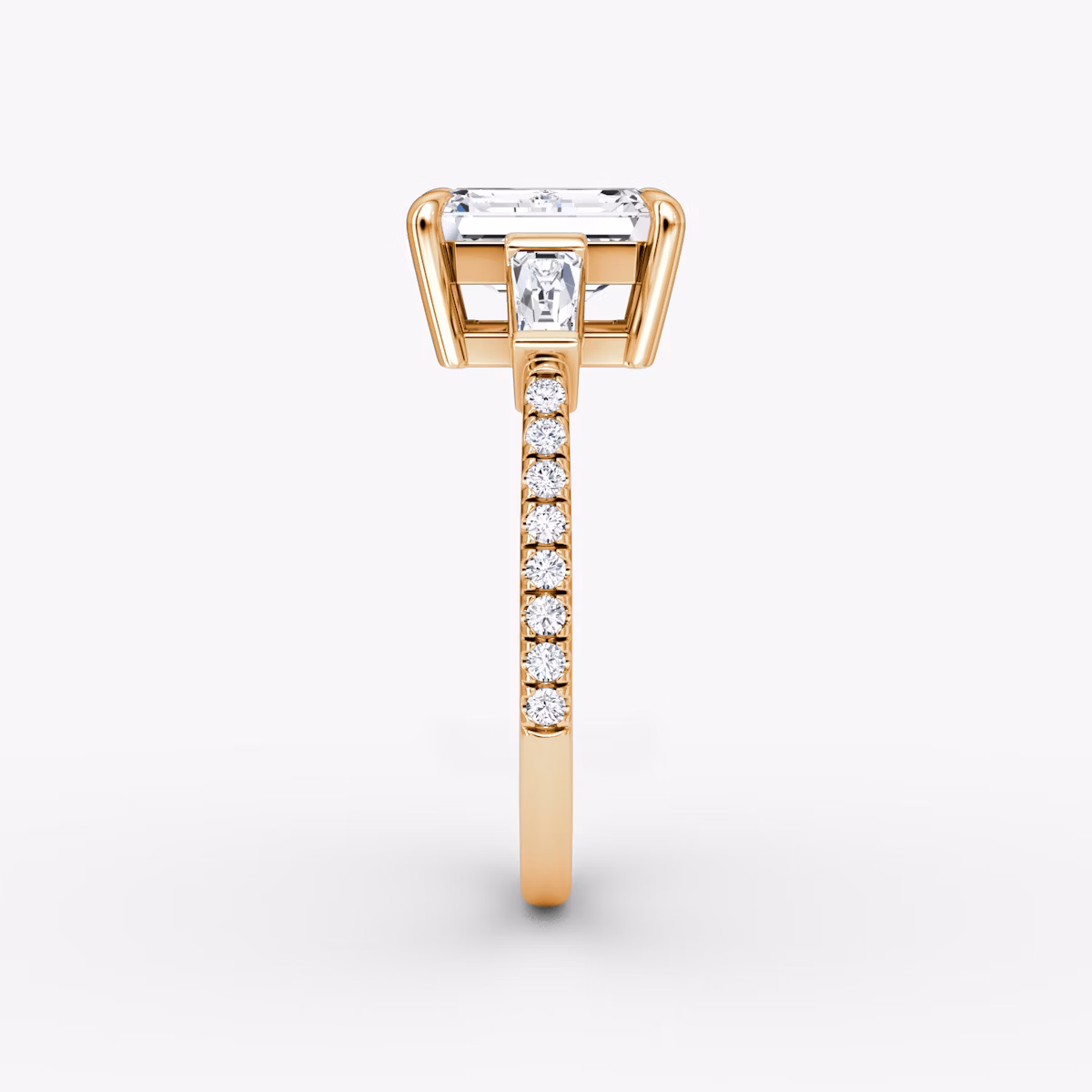 The Tapered Baguette Three Stone | Emerald | 14k | Rose Gold | bandAccent: Pavé | caratWeight: 1.0ct | excludeFromFeed: null | diamondOrientation: vertical