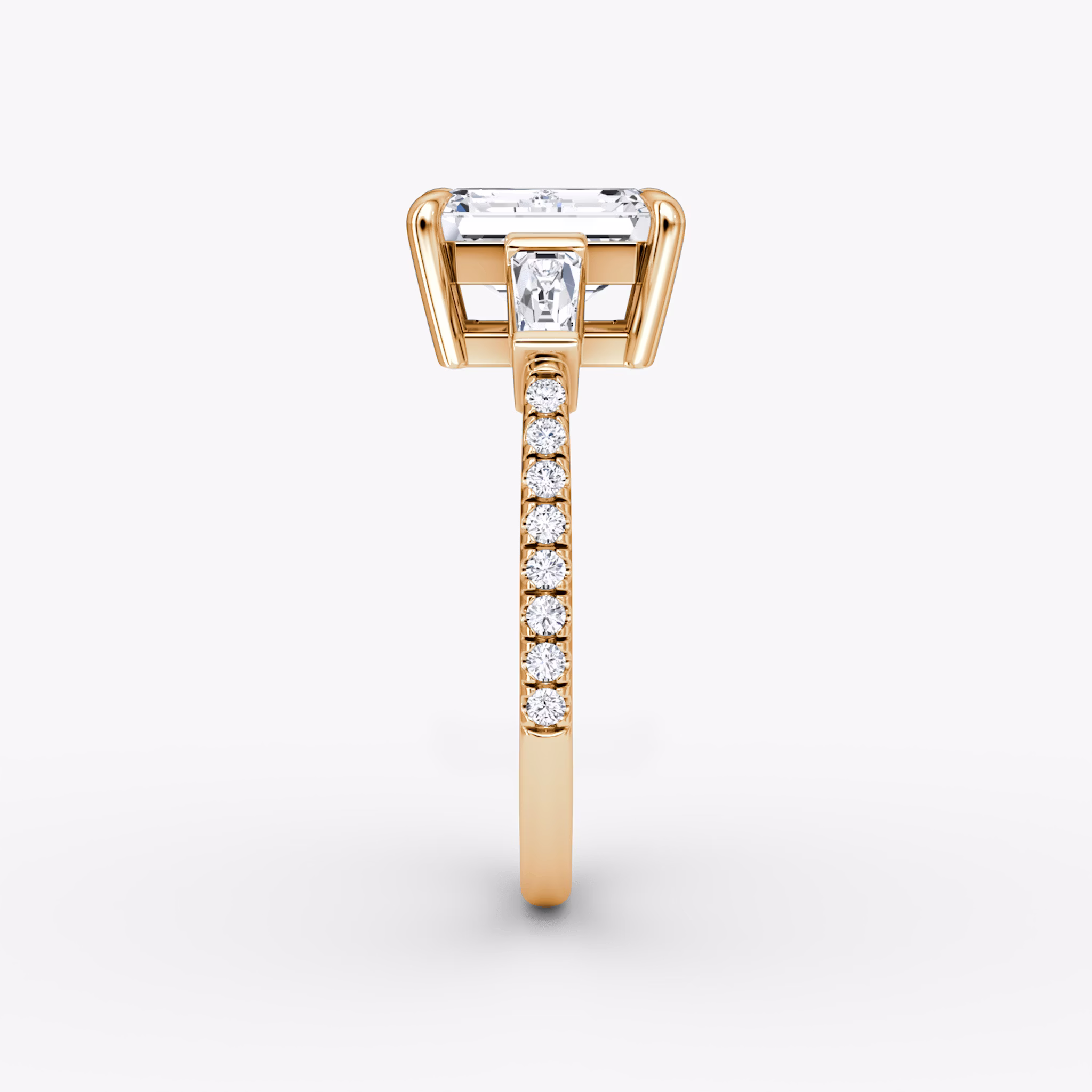 The Tapered Baguette Three Stone | Emerald | 14k | Rose Gold | bandAccent: Pavé | excludeFromFeed: null | diamondOrientation: vertical | caratWeight: other