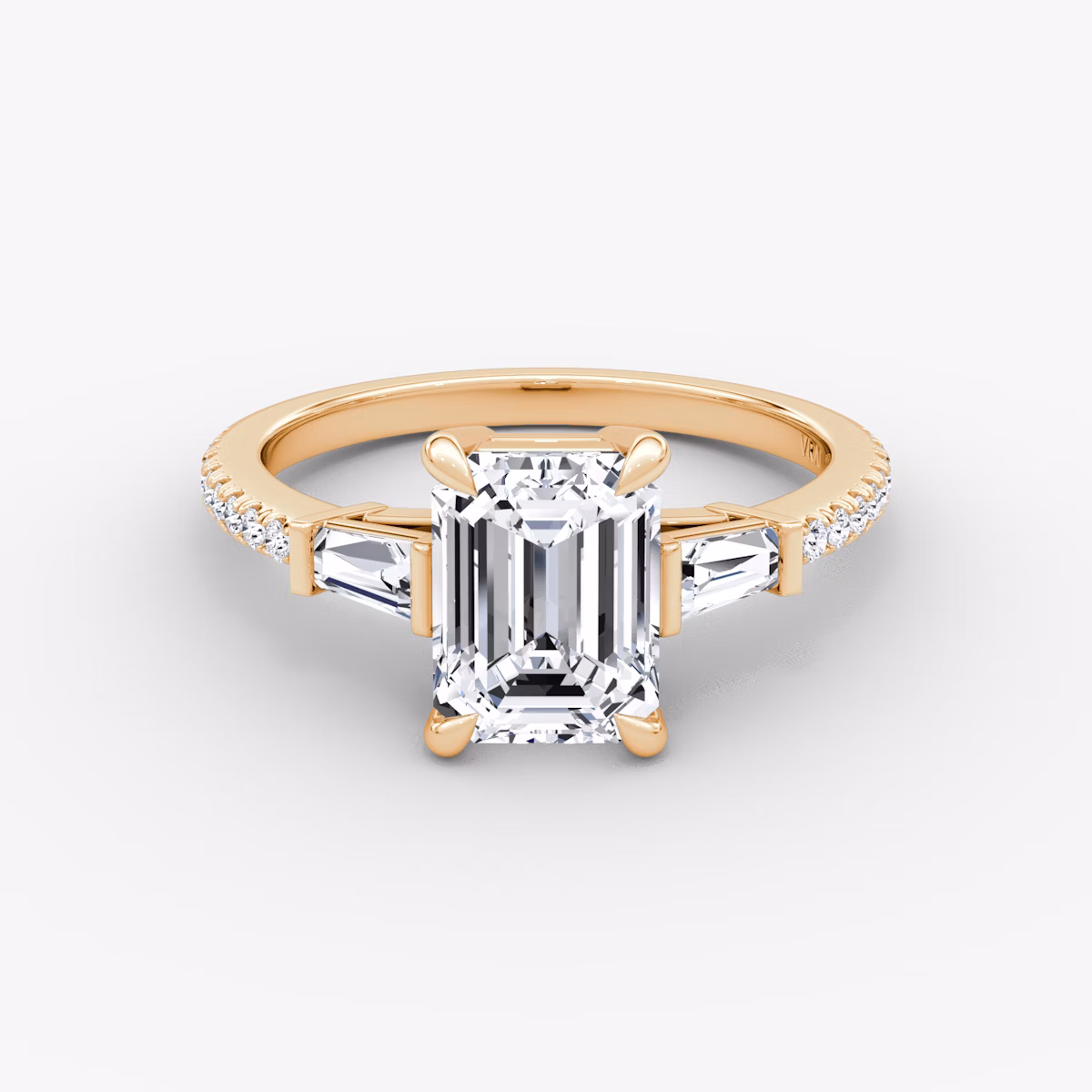 The Tapered Baguette Three Stone | Emerald | 14k | Rose Gold | bandAccent: Pavé | caratWeight: 1.0ct | excludeFromFeed: null | diamondOrientation: vertical