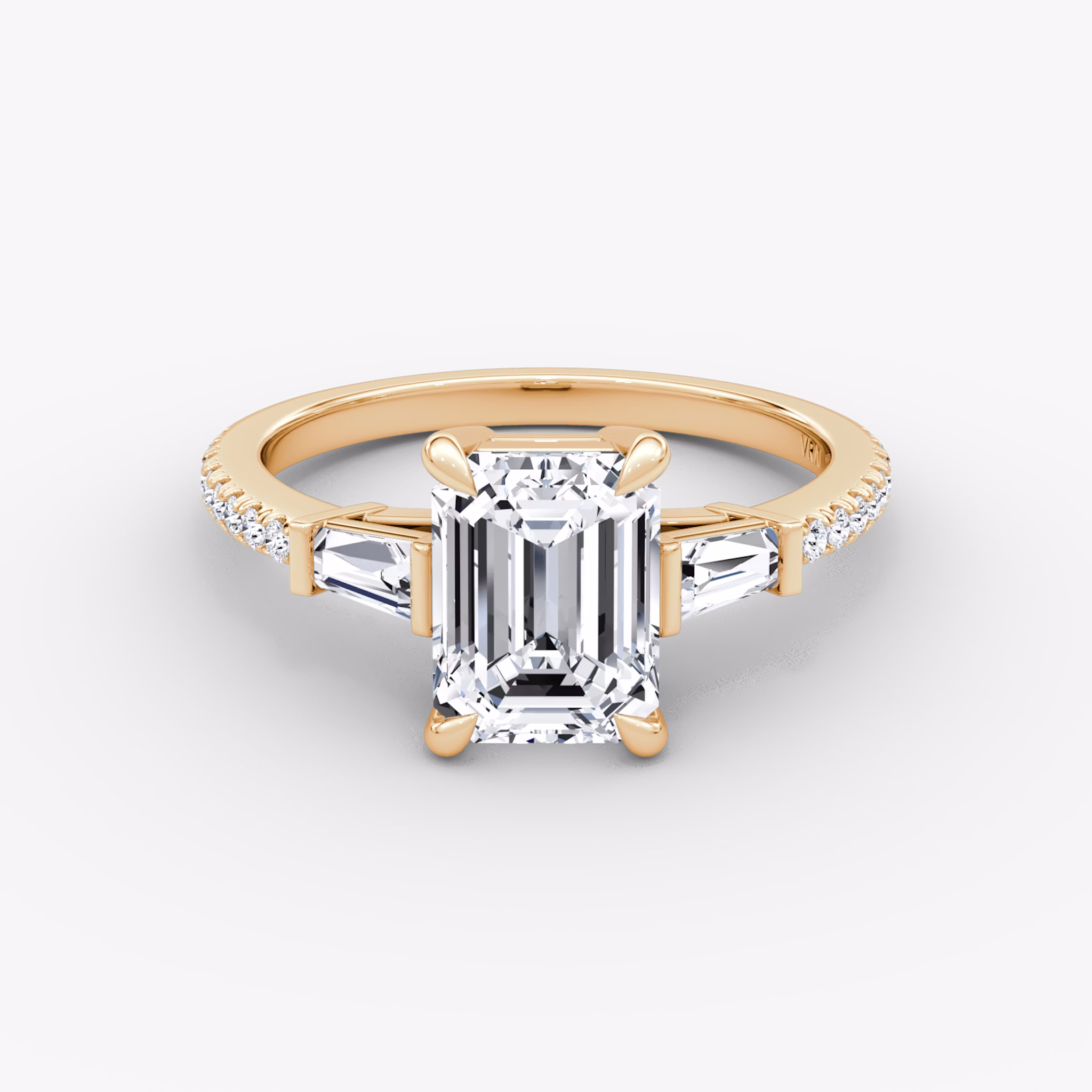 The Tapered Baguette Three Stone | Emerald | 14k | Rose Gold | bandAccent: Pavé | excludeFromFeed: null | diamondOrientation: vertical | caratWeight: other