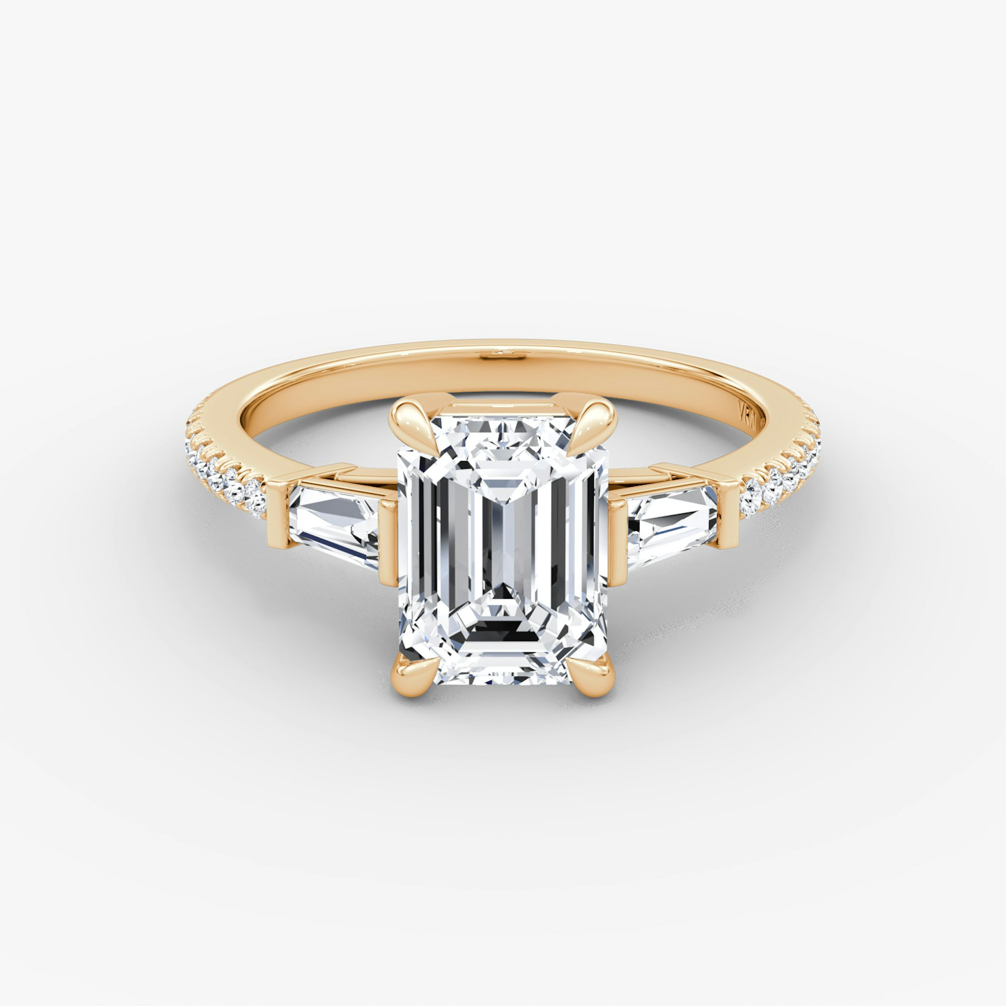 The Tapered Baguette Three Stone | Emerald | 14k | Rose Gold | bandAccent: Pavé | excludeFromFeed: null | diamondOrientation: vertical | caratWeight: other