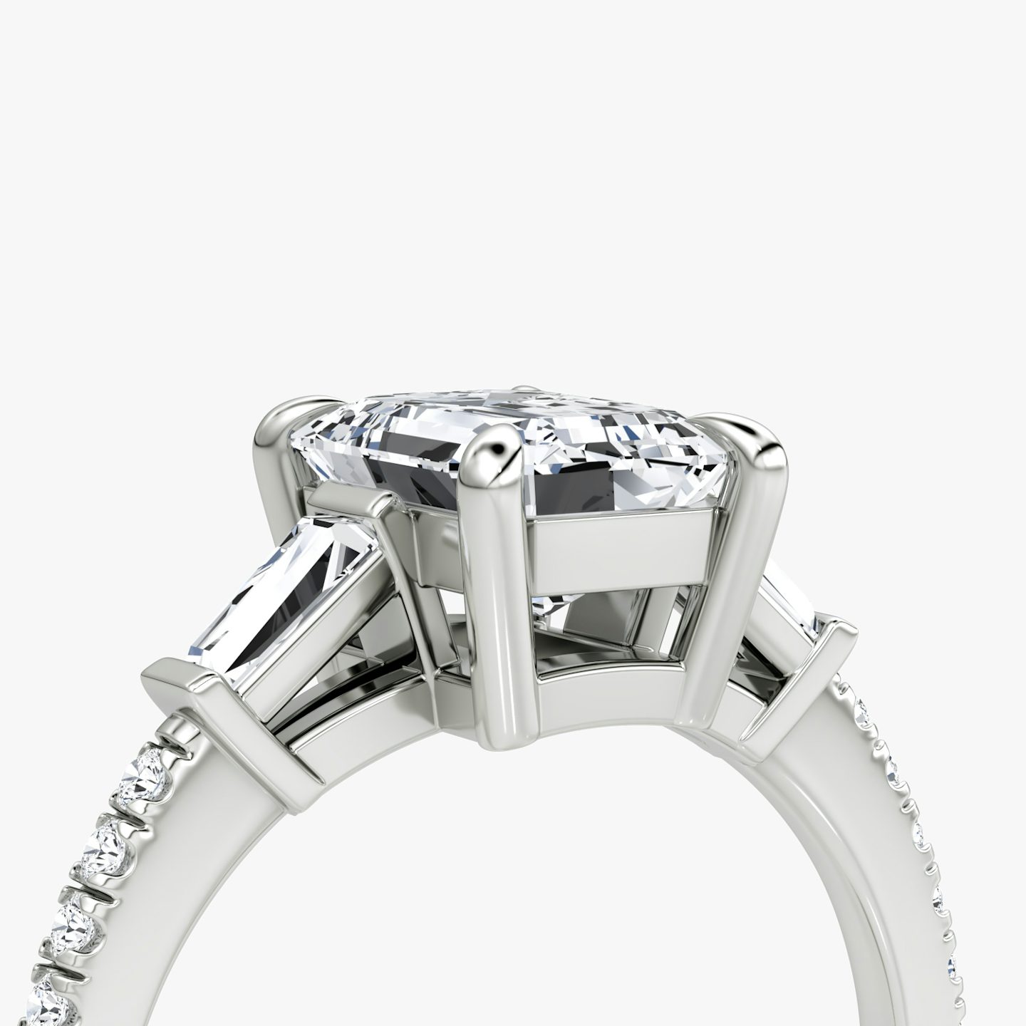 The Tapered Baguette Three Stone | Emerald | Platinum | bandAccent: Pavé | excludeFromFeed: null | diamondOrientation: vertical | caratWeight: other