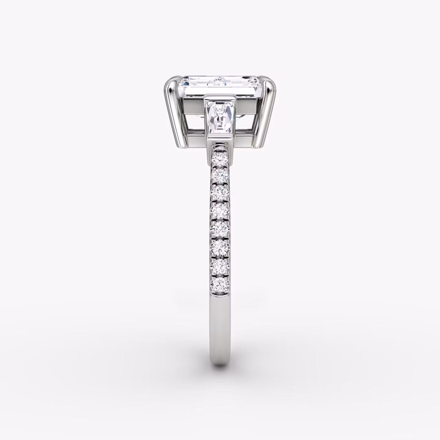 The Tapered Baguette Three Stone | Emerald | 18k | White Gold | bandAccent: Pavé | excludeFromFeed: null | diamondOrientation: vertical | caratWeight: other