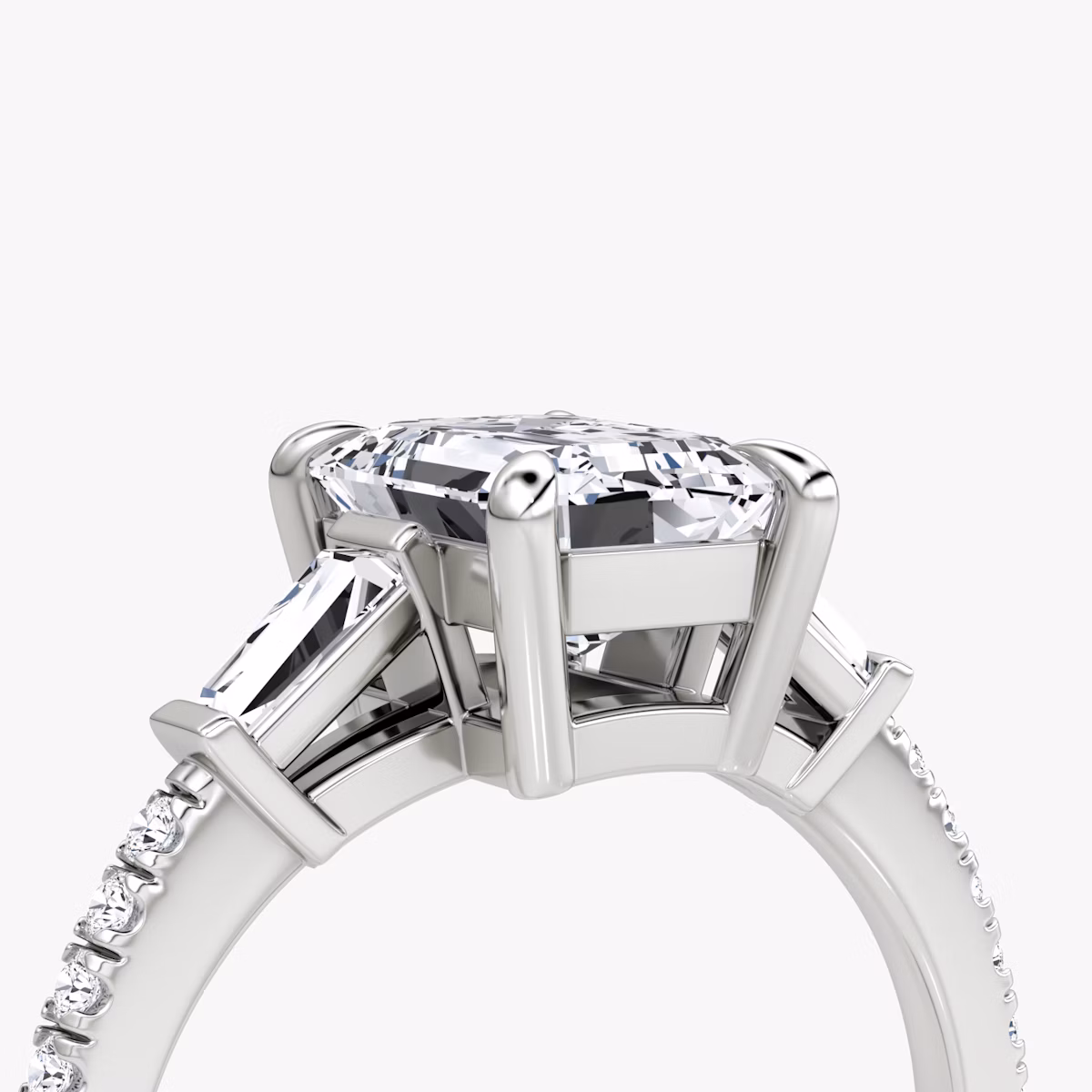 The Tapered Baguette Three Stone | Emerald | 18k | White Gold | bandAccent: Pavé | caratWeight: 1.0ct | excludeFromFeed: null | diamondOrientation: vertical