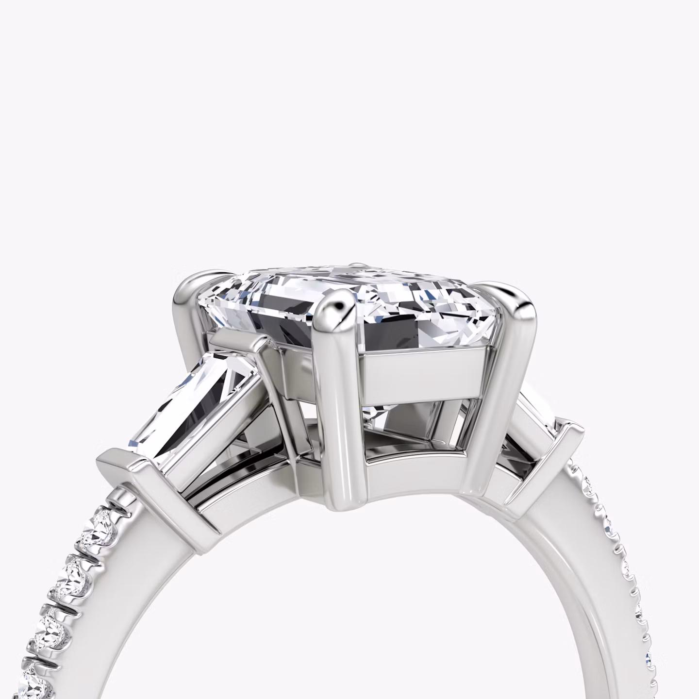 The Tapered Baguette Three Stone | Emerald | 18k | White Gold | bandAccent: Pavé | excludeFromFeed: null | diamondOrientation: vertical | caratWeight: other