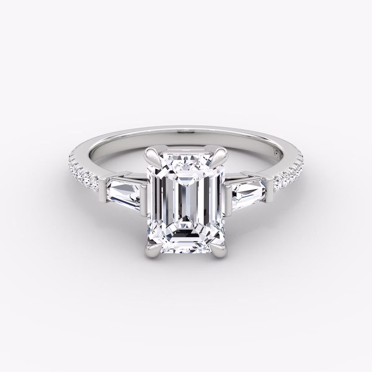 The Tapered Baguette Three Stone | Emerald | 18k | White Gold | bandAccent: Pavé | caratWeight: 1.0ct | excludeFromFeed: null | diamondOrientation: vertical