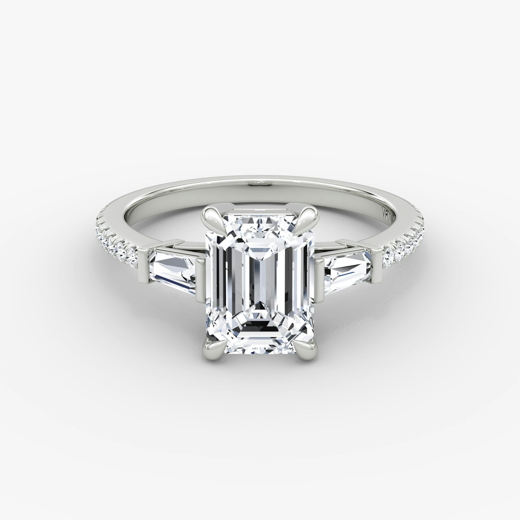 The Tapered Baguette Three Stone | Emerald | 18k | White Gold | bandAccent: Pavé | excludeFromFeed: null | diamondOrientation: vertical | caratWeight: other