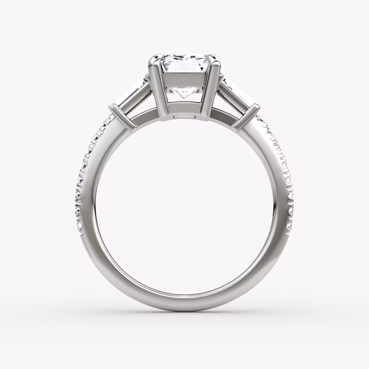 The Tapered Baguette Three Stone | Emerald | 18k | White Gold | bandAccent: Pavé | caratWeight: 1.0ct | excludeFromFeed: null | diamondOrientation: vertical