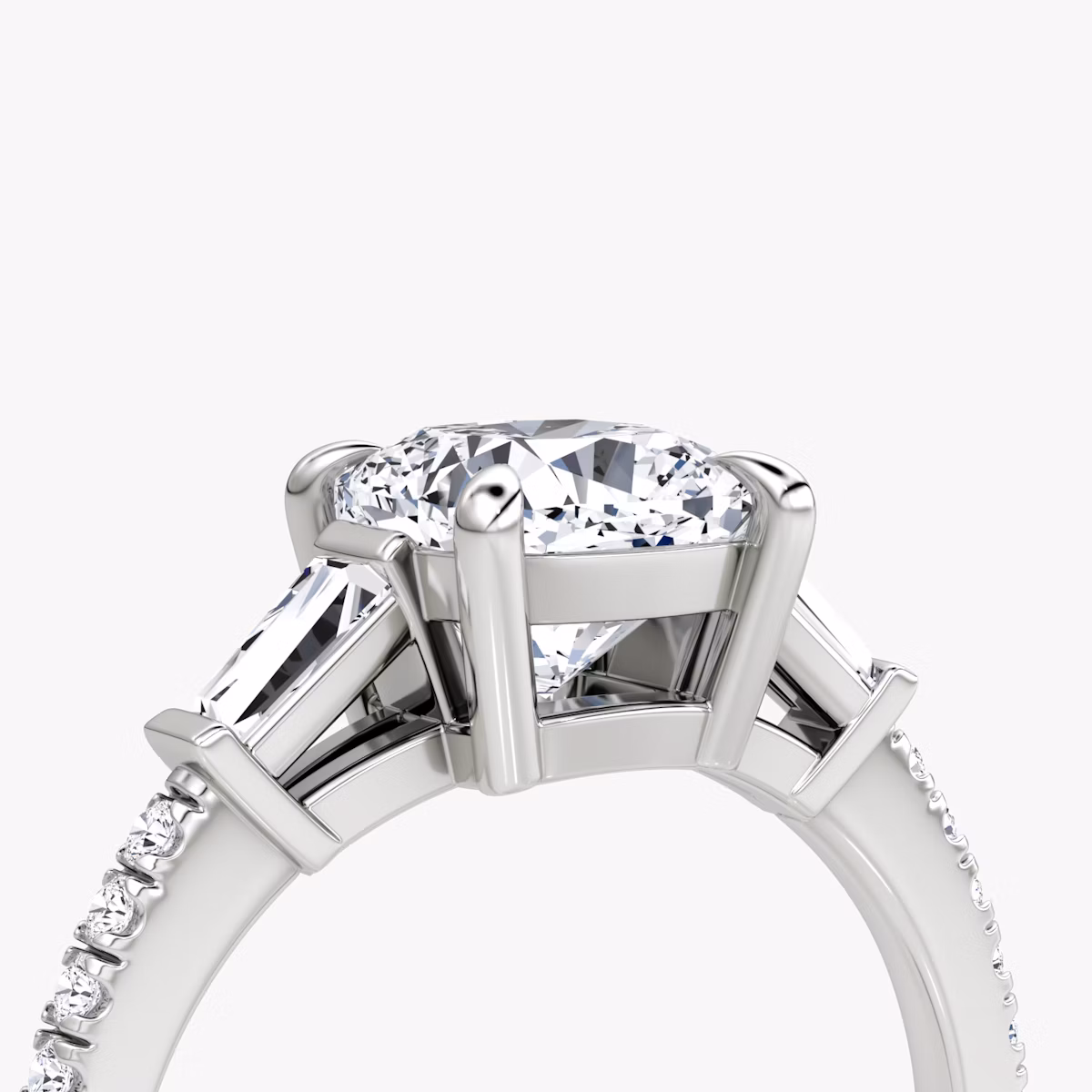 The Tapered Baguette Three Stone | Cushion | 18k | White Gold | bandAccent: Pavé | caratWeight: 1.0ct | excludeFromFeed: null | diamondOrientation: vertical