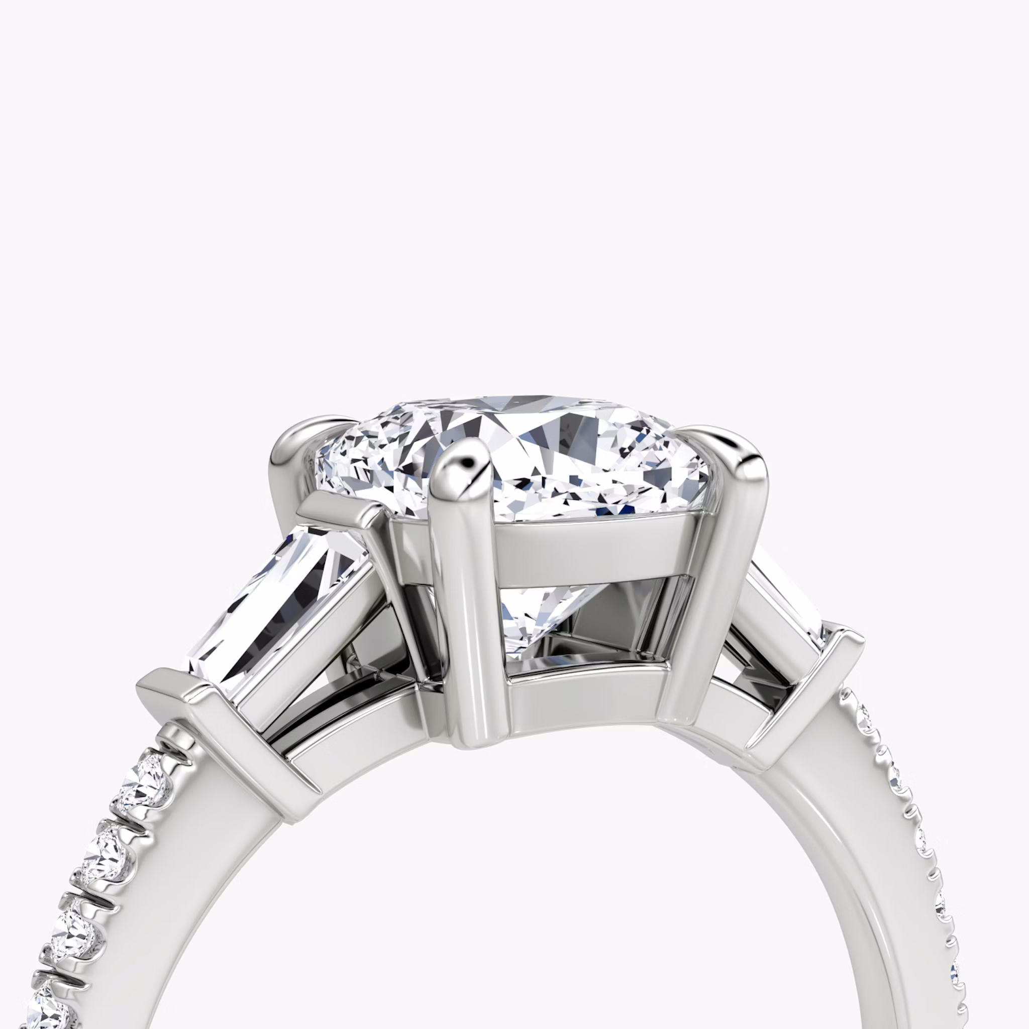 The Tapered Baguette Three Stone | Cushion | 18k | White Gold | bandAccent: Pavé | excludeFromFeed: null | diamondOrientation: vertical | caratWeight: other