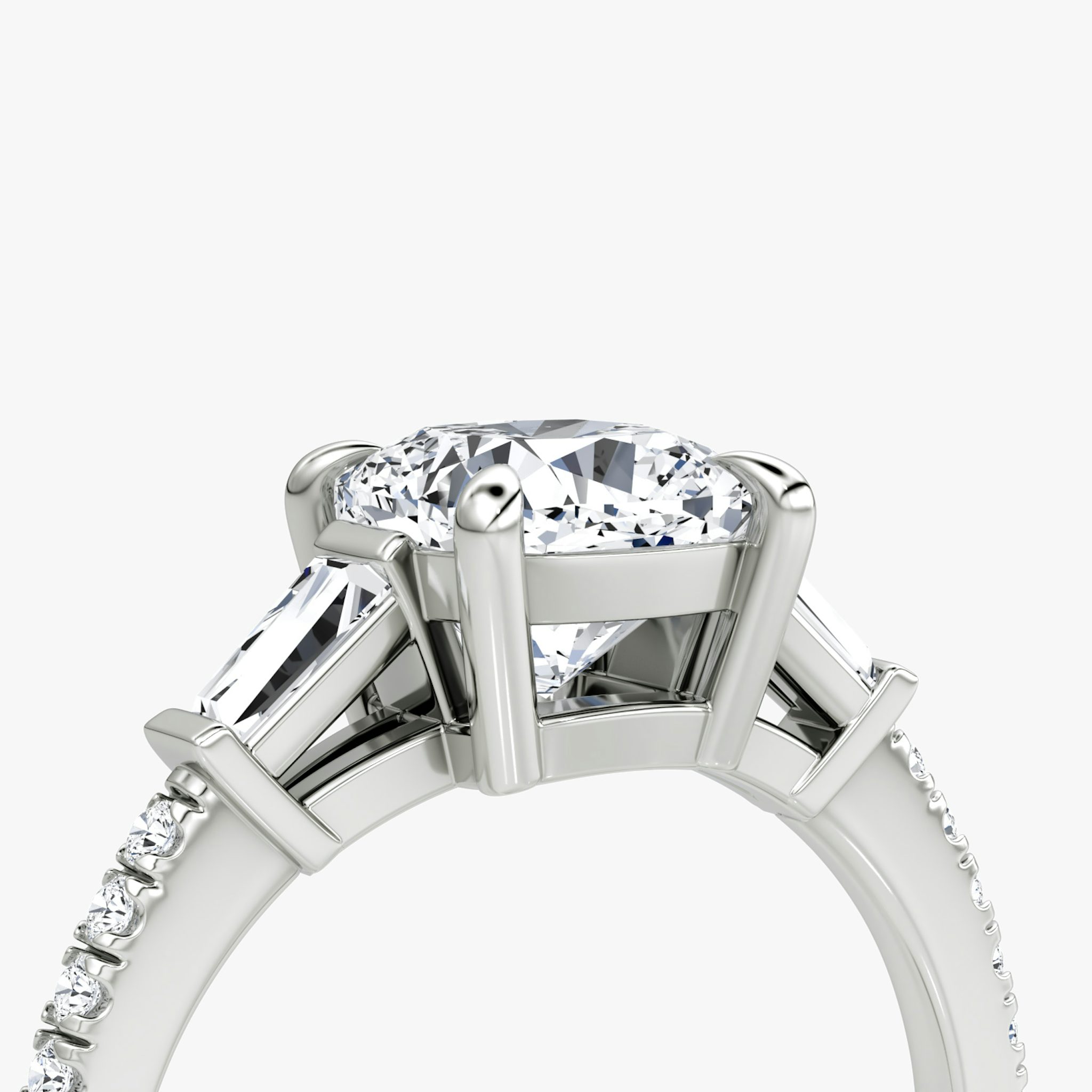 The Tapered Baguette Three Stone | Cushion | 18k | White Gold | bandAccent: Pavé | excludeFromFeed: null | diamondOrientation: vertical | caratWeight: other