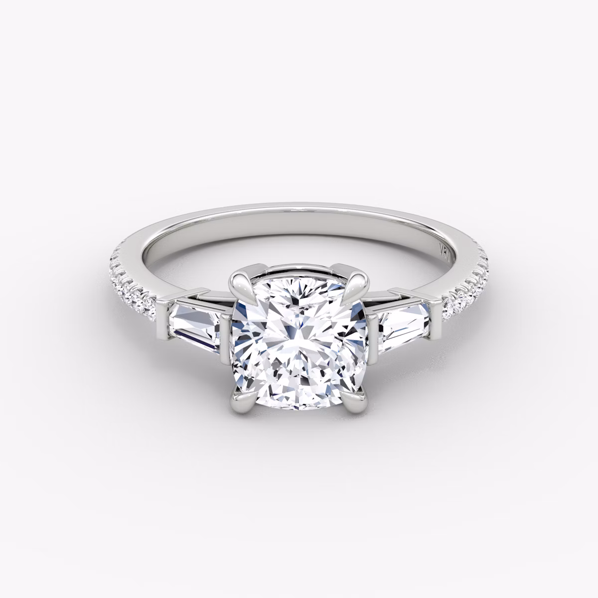 The Tapered Baguette Three Stone | Cushion | 18k | White Gold | bandAccent: Pavé | caratWeight: 1.0ct | excludeFromFeed: null | diamondOrientation: vertical