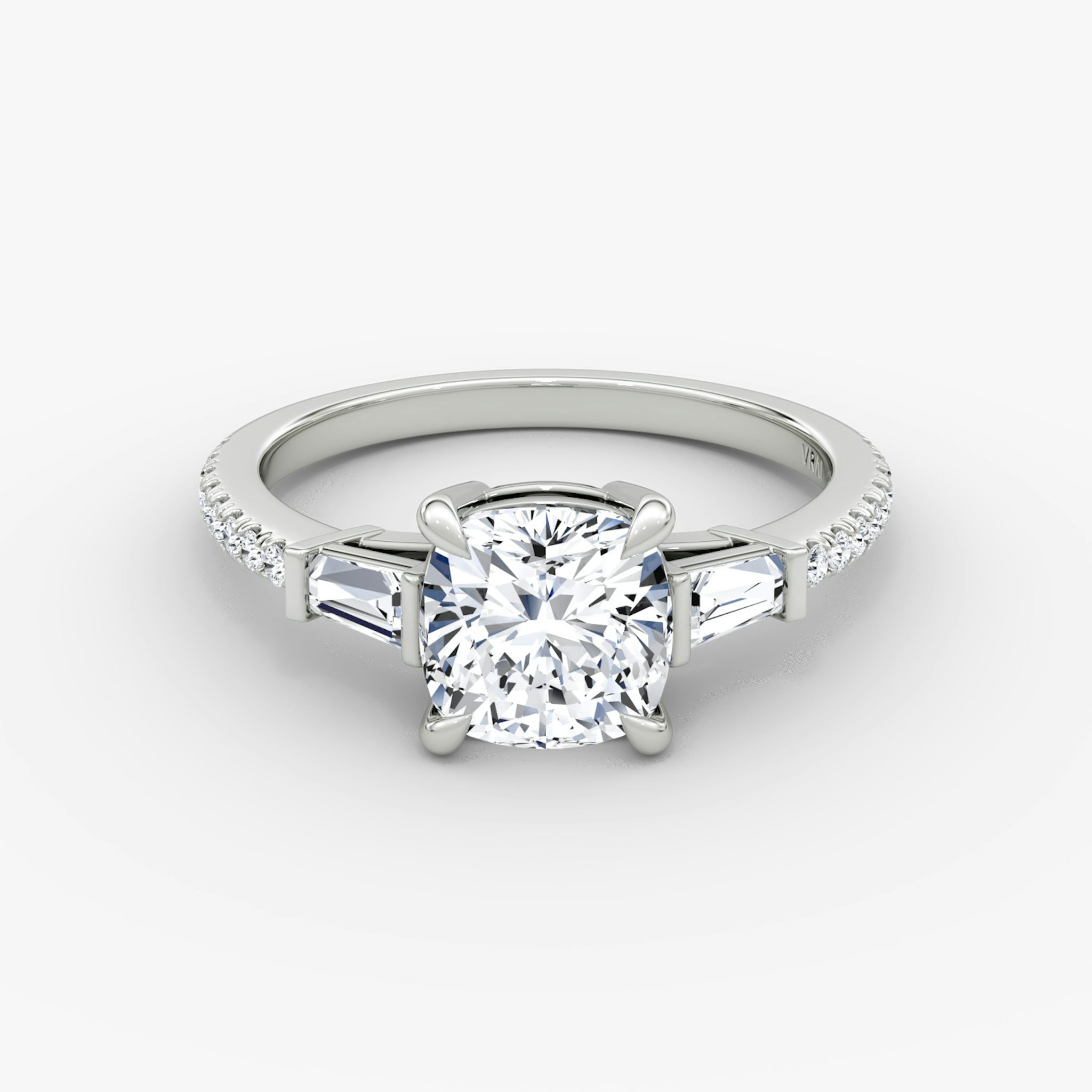 The Tapered Baguette Three Stone | Cushion | 18k | White Gold | bandAccent: Pavé | excludeFromFeed: null | diamondOrientation: vertical | caratWeight: other