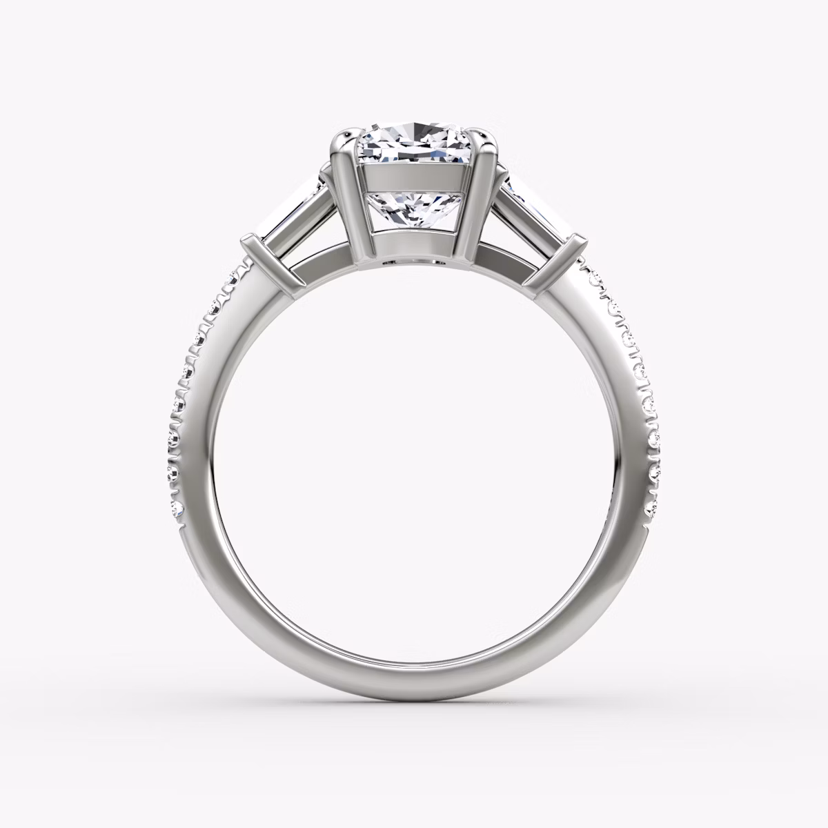 The Tapered Baguette Three Stone | Cushion | 18k | White Gold | bandAccent: Pavé | caratWeight: 1.0ct | excludeFromFeed: null | diamondOrientation: vertical