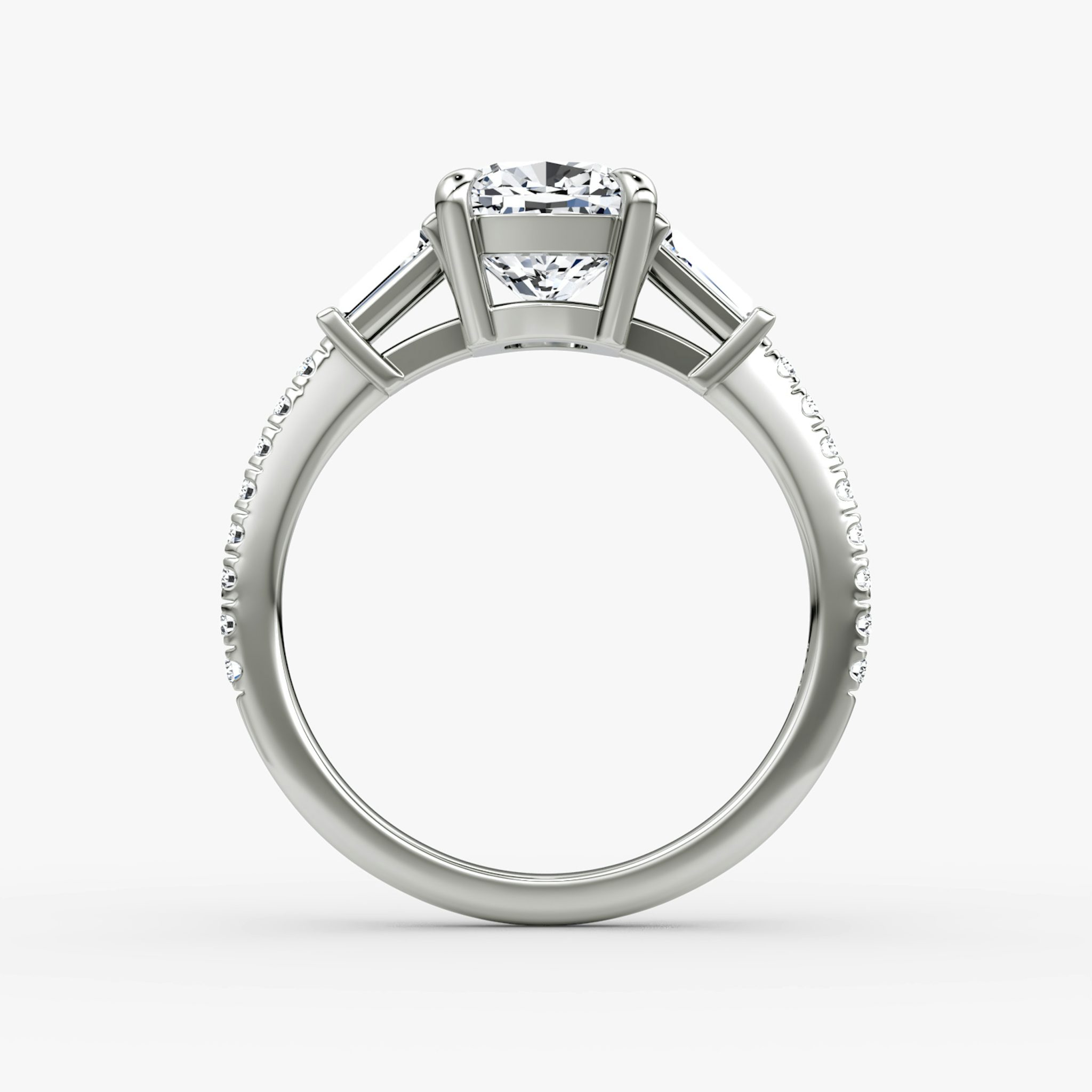 The Tapered Baguette Three Stone | Cushion | 18k | White Gold | bandAccent: Pavé | excludeFromFeed: null | diamondOrientation: vertical | caratWeight: other